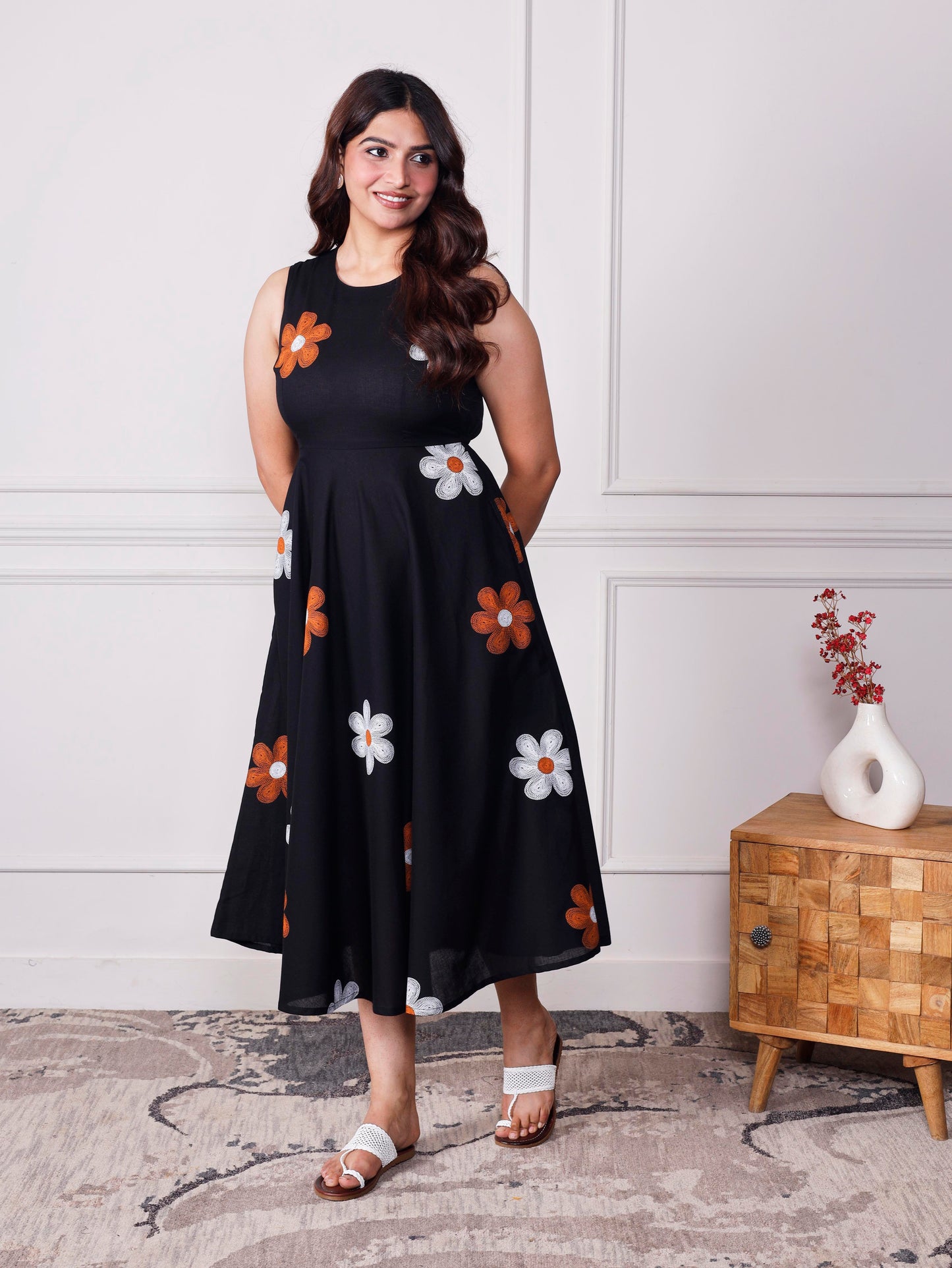 Soft cotton Floral Anarkali Black Dress