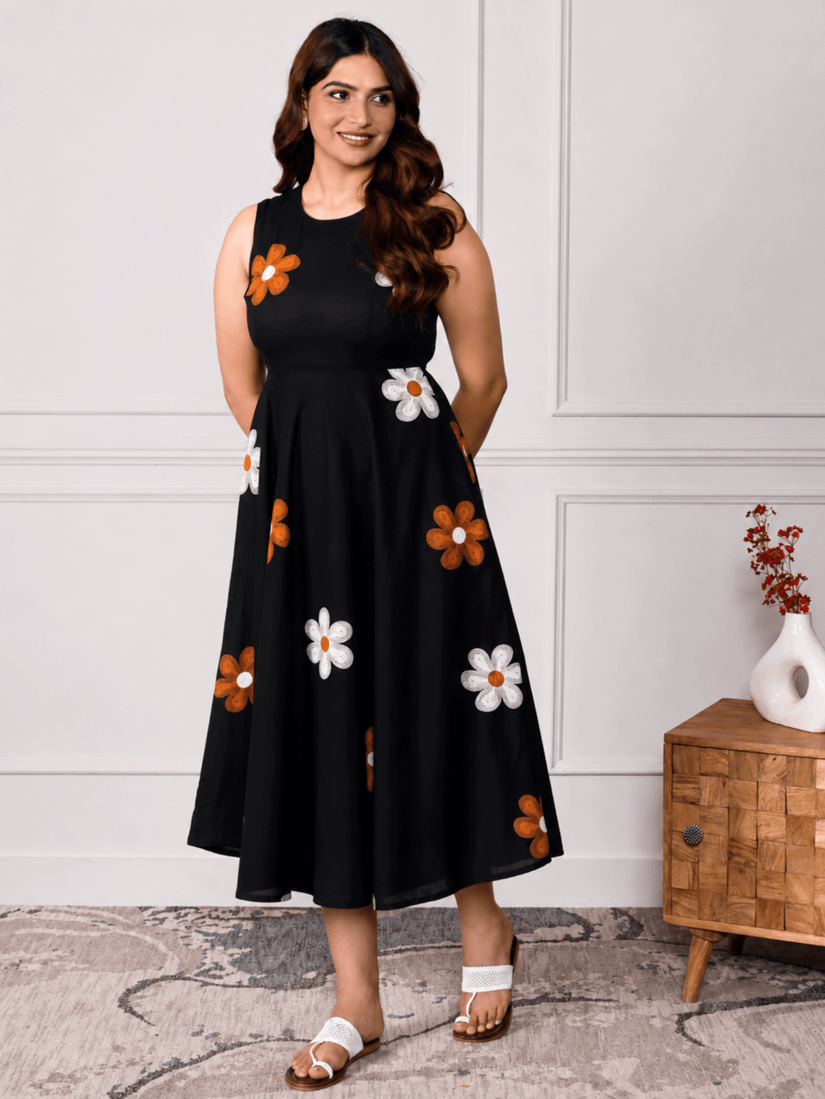 soft cotton floral anarkali black dress