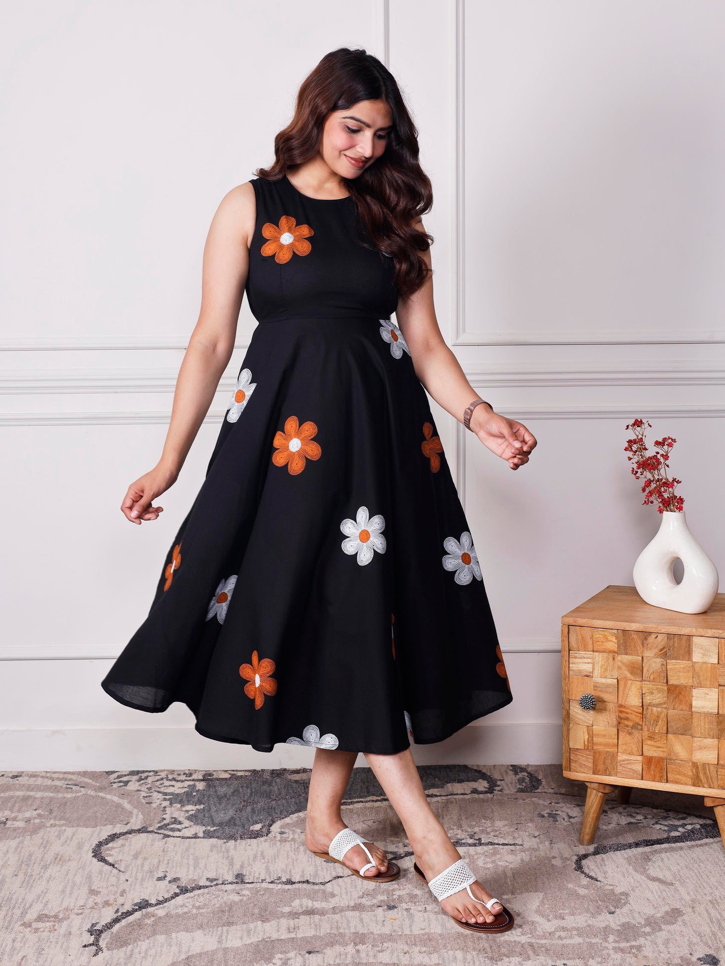 Soft cotton Floral Anarkali Black Dress