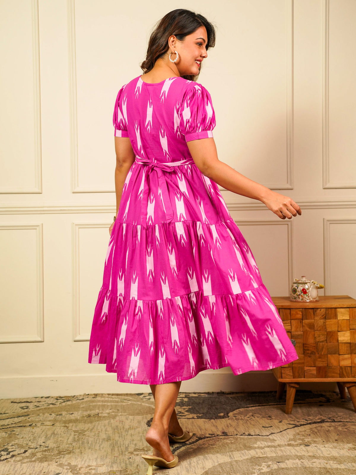 Soft Cotton Ikat Anarkali Pink Dress