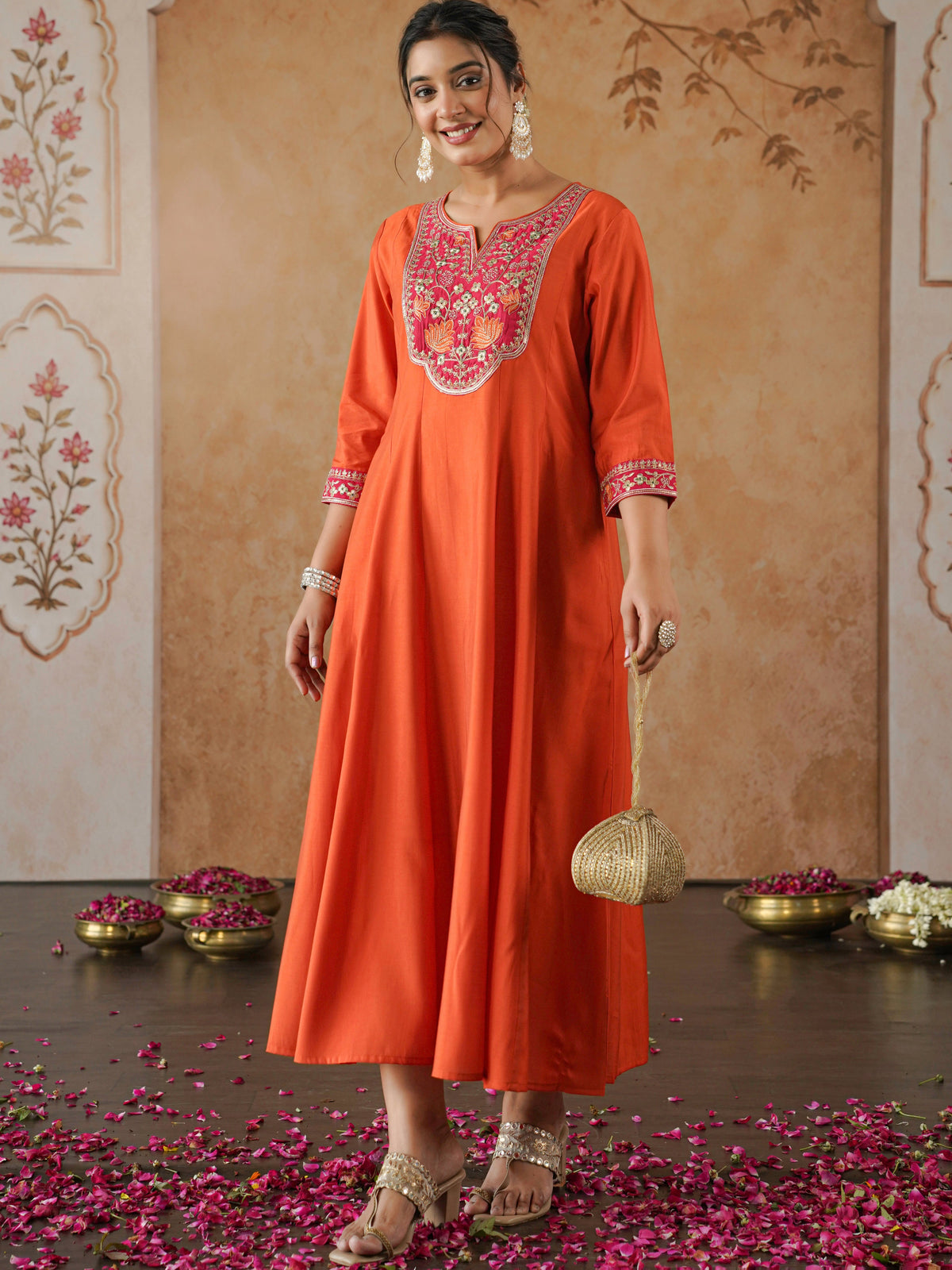 Embroidered chanderi solid anarkali orange dress