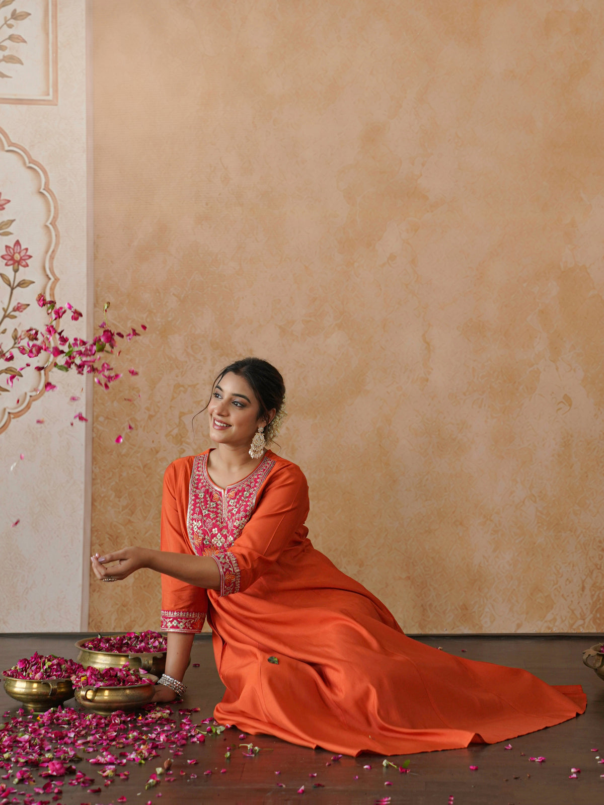 Embroidered chanderi solid anarkali orange dress