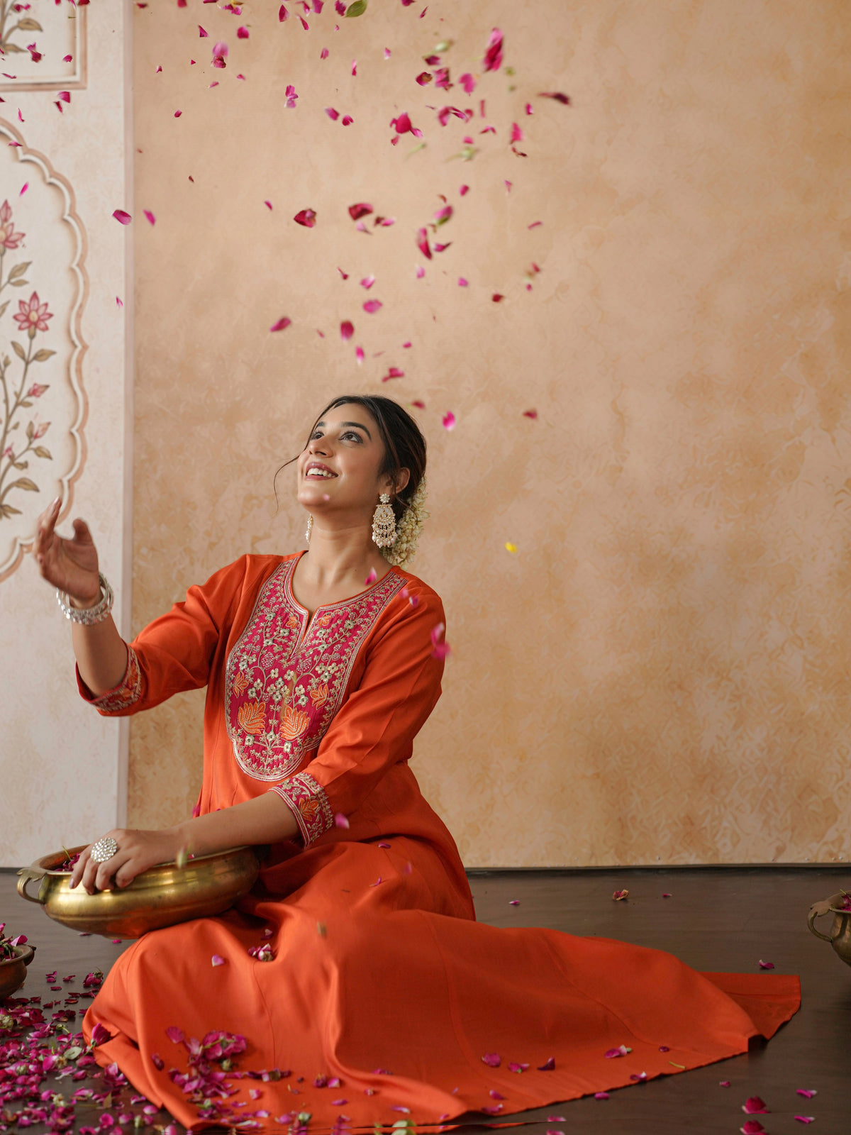 Embroidered chanderi solid anarkali orange dress