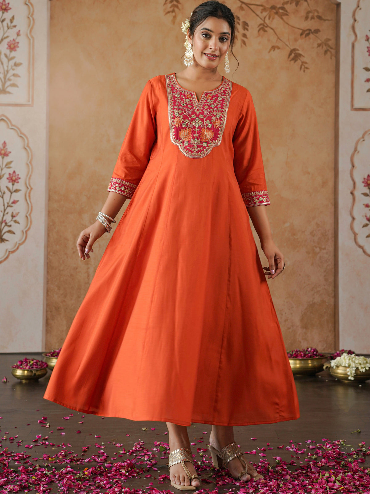 Embroidered chanderi solid anarkali orange dress