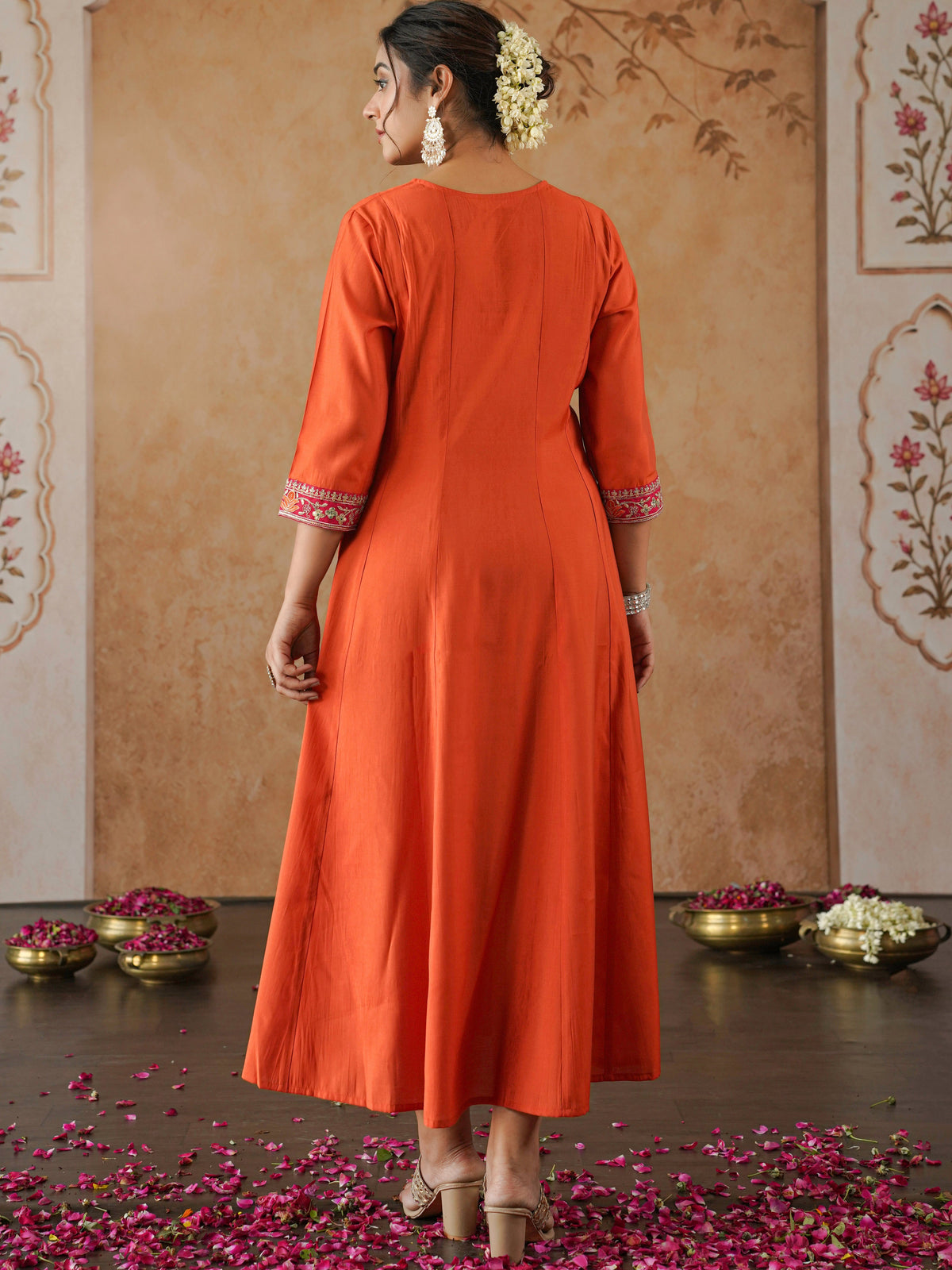 Embroidered chanderi solid anarkali orange dress