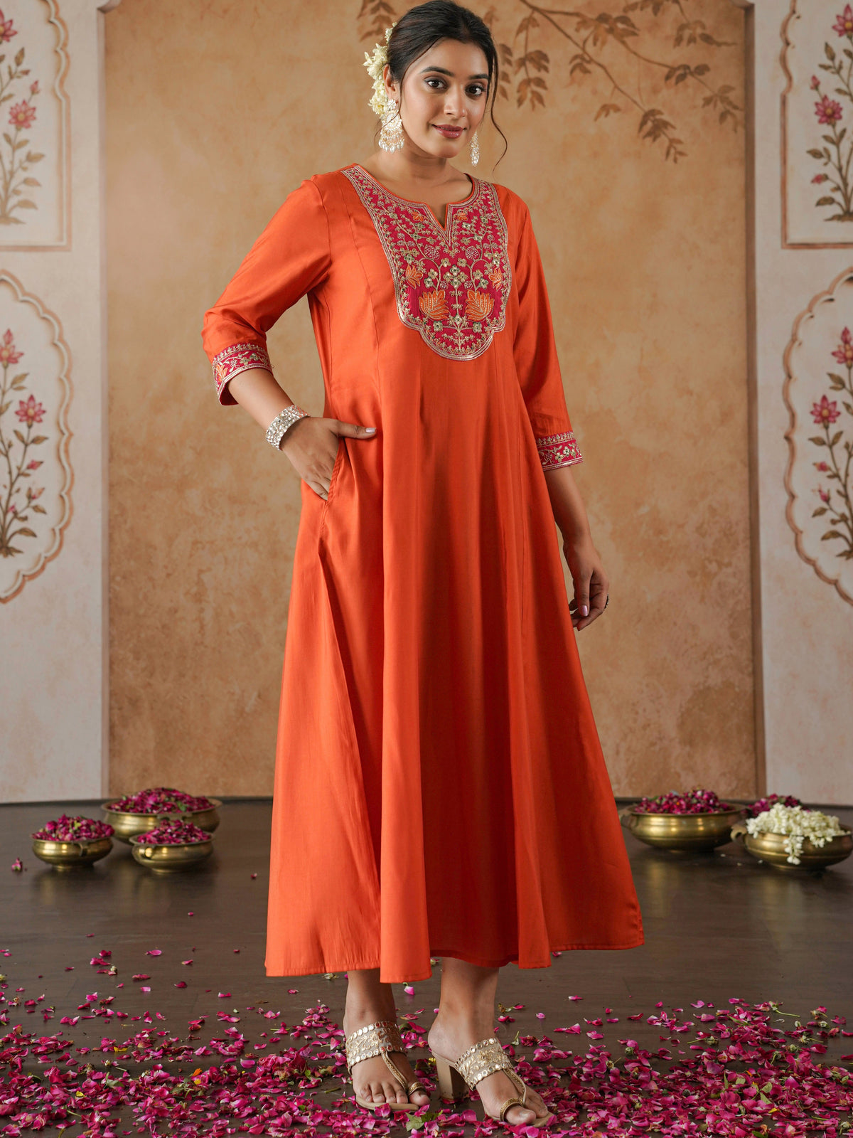 Embroidered chanderi solid anarkali orange dress