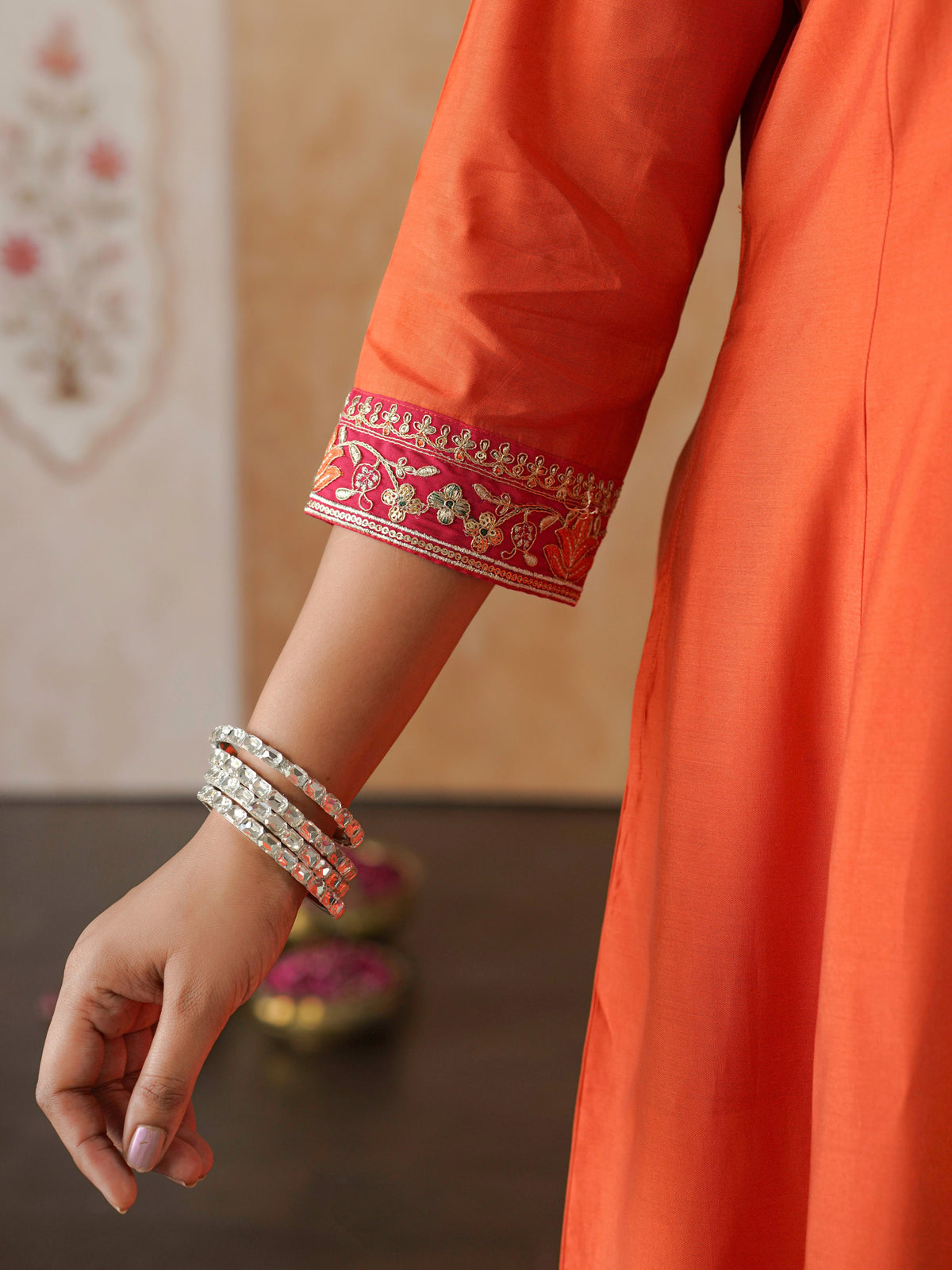 Embroidered chanderi solid anarkali orange dress