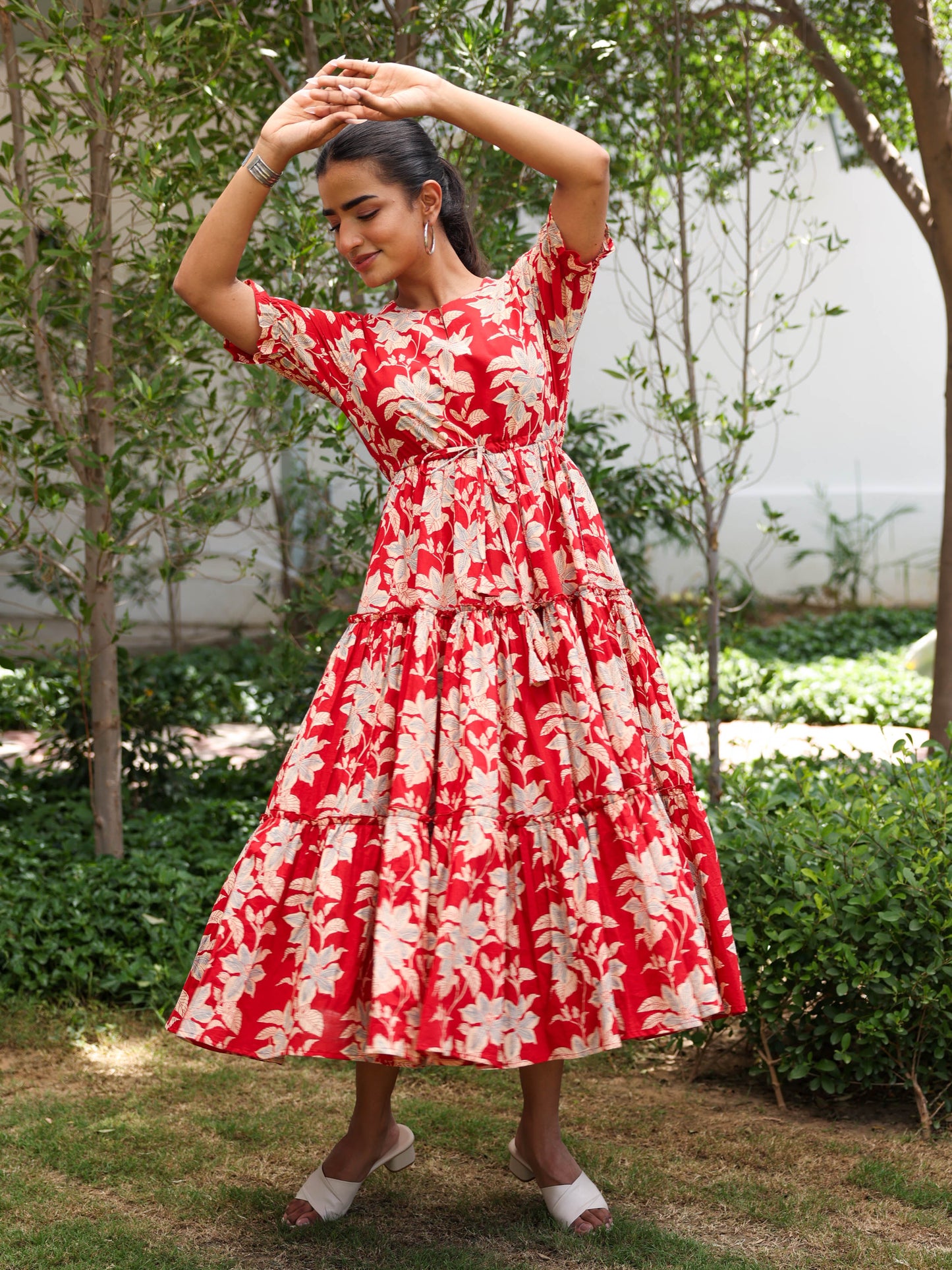 Soft cotton Floral Tiered Red Dress
