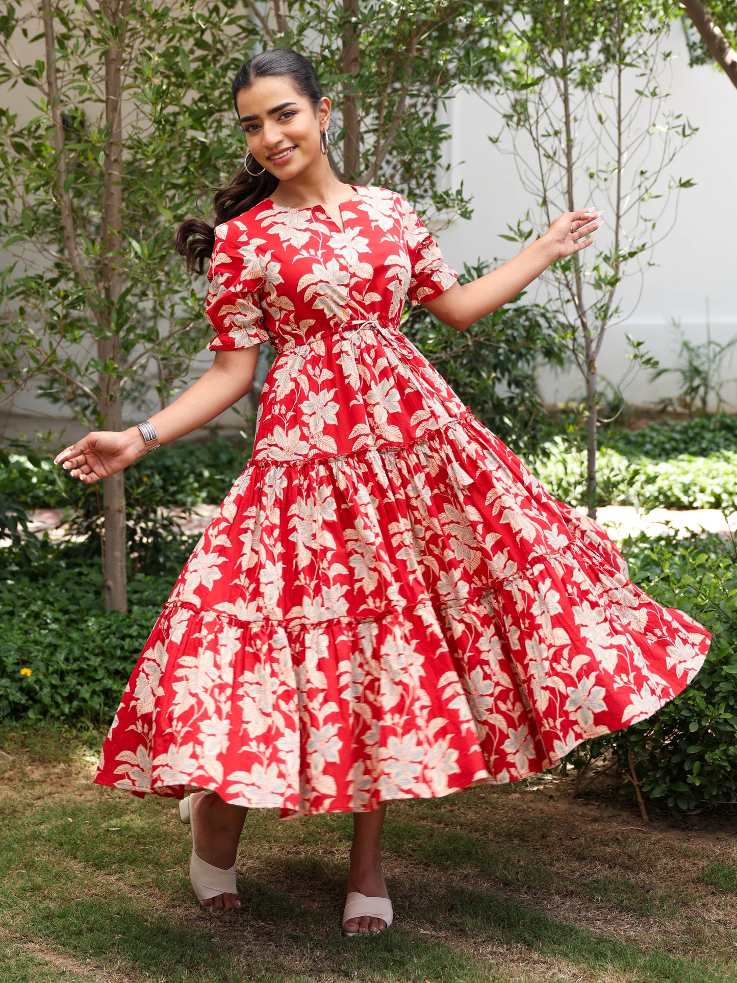 Soft cotton Floral Tiered Red Dress