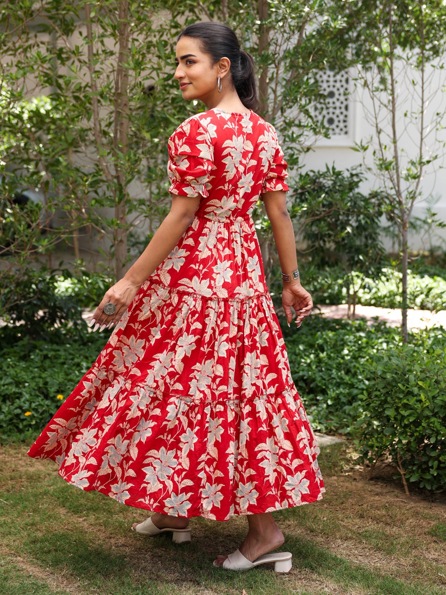 Soft cotton Floral Tiered Red Dress