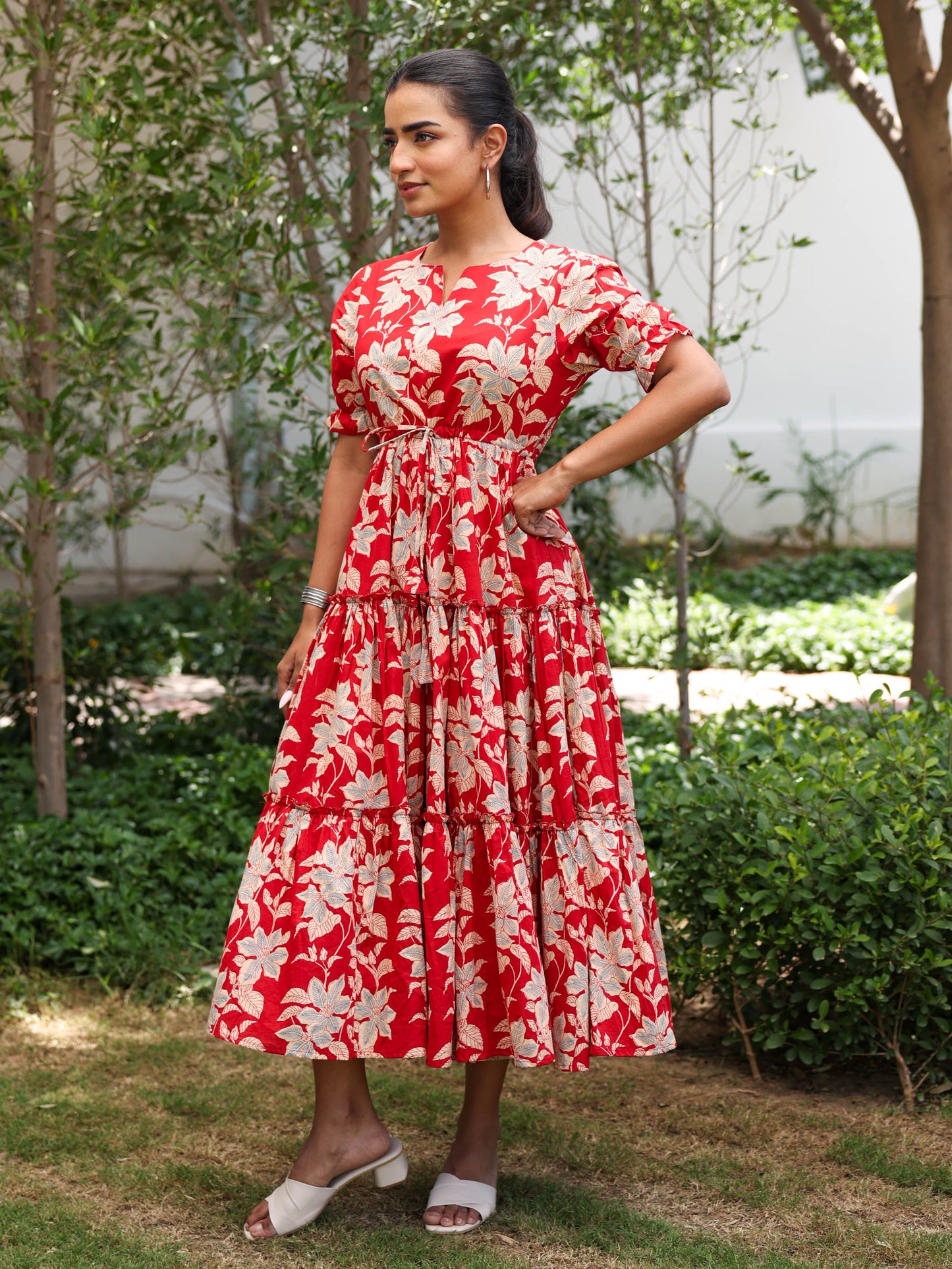 Soft cotton Floral Tiered Red Dress