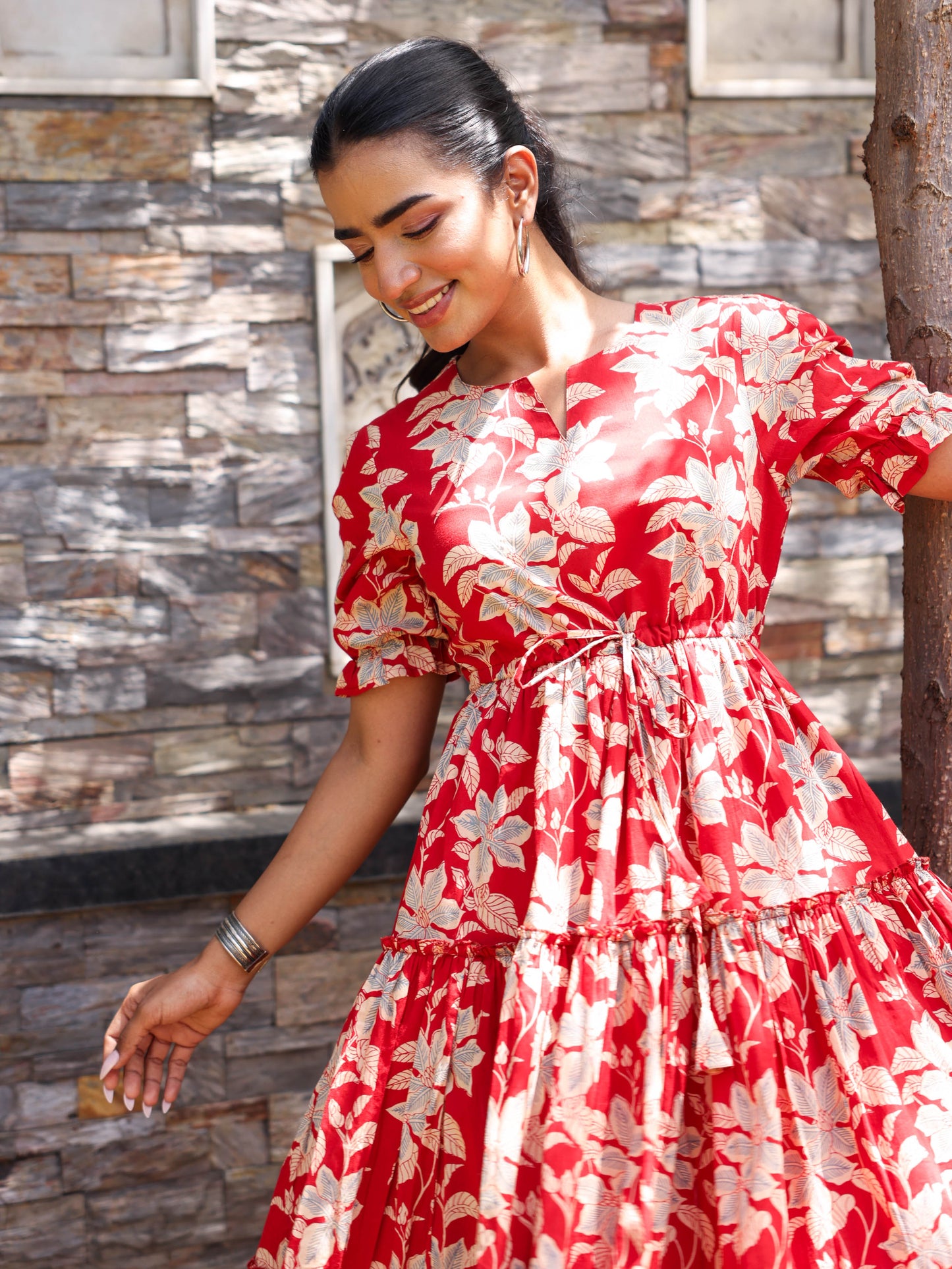 Soft cotton Floral Tiered Red Dress