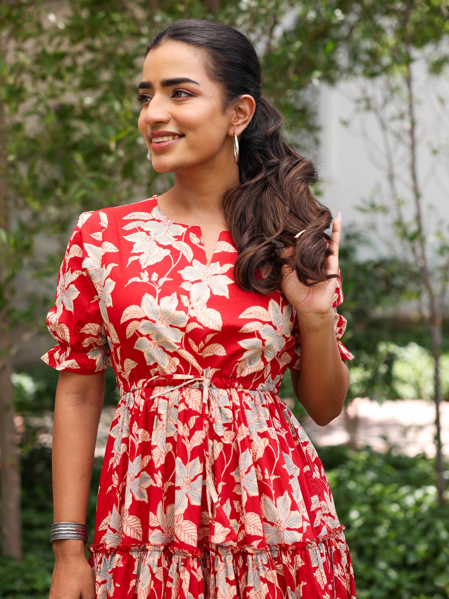 Soft cotton Floral Tiered Red Dress