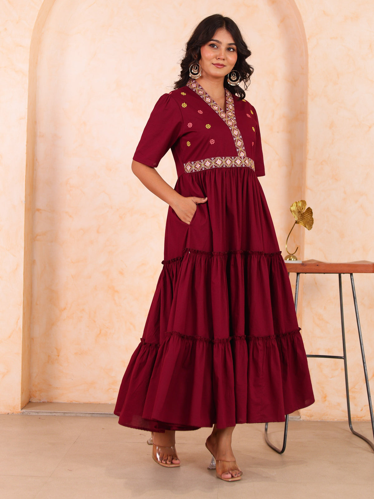 Embroidered Soft cotton Solid Anarkali Maroon Dress