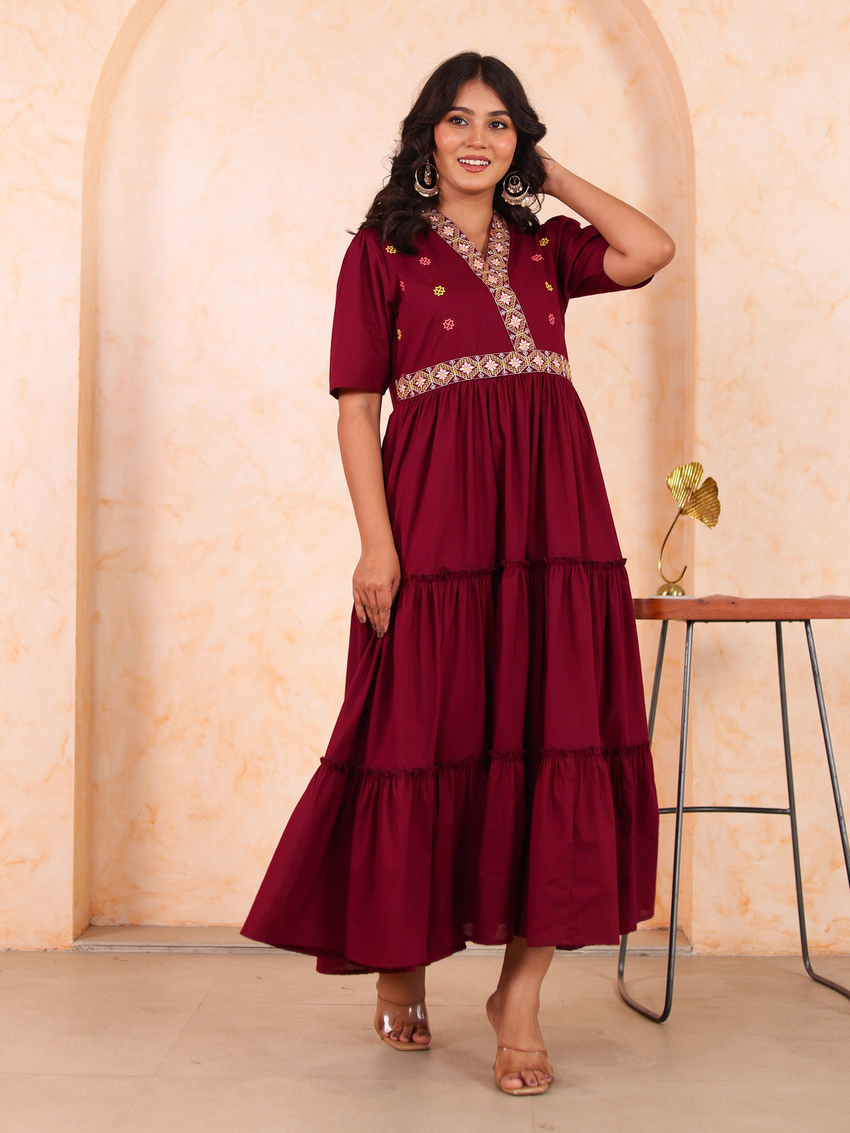 Embroidered Soft cotton Solid Anarkali Maroon Dress