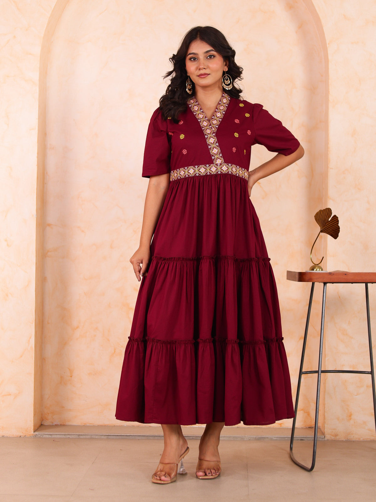 Embroidered Soft cotton Solid Anarkali Maroon Dress