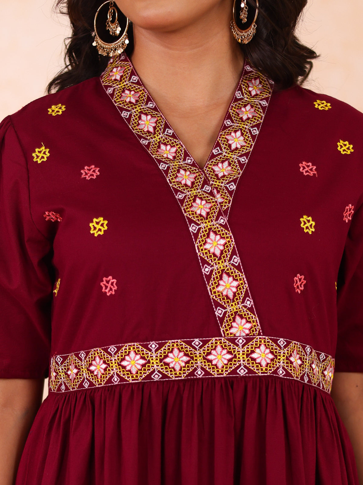 Embroidered Soft cotton Solid Anarkali Maroon Dress