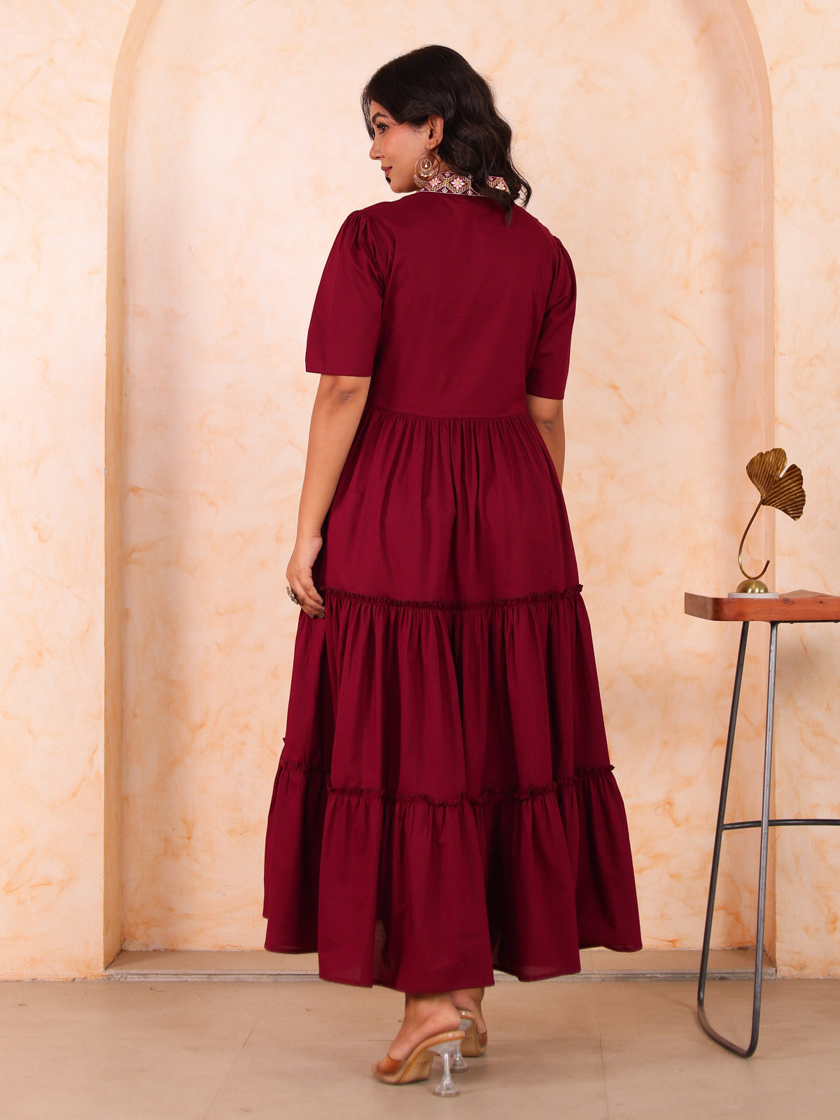Embroidered Soft cotton Solid Anarkali Maroon Dress