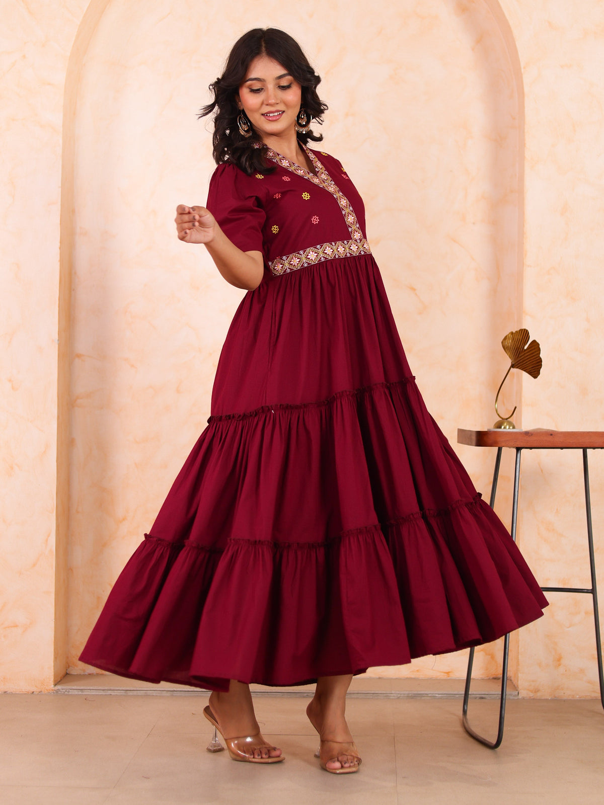 Embroidered Soft cotton Solid Anarkali Maroon Dress