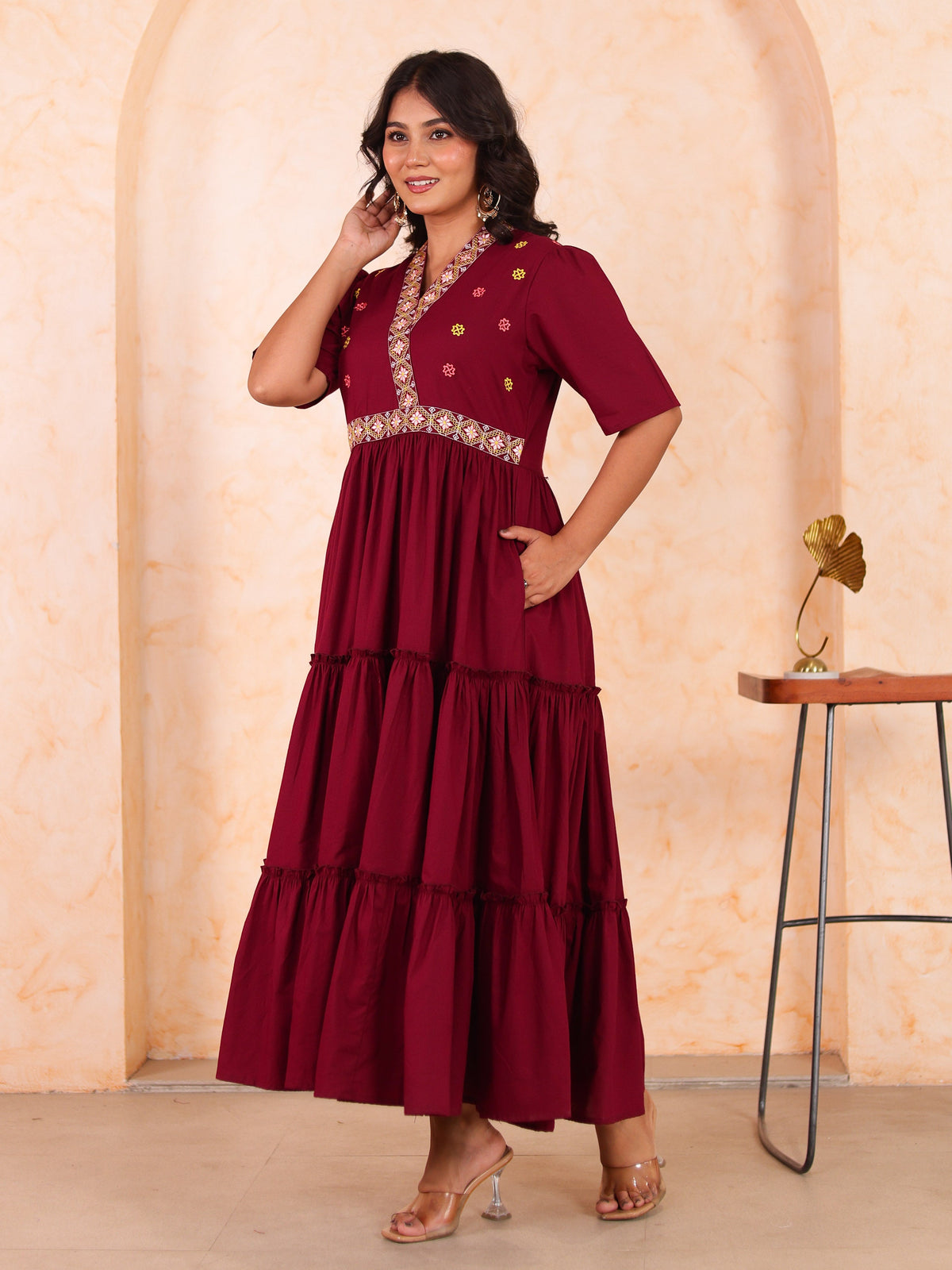 Embroidered Soft cotton Solid Anarkali Maroon Dress
