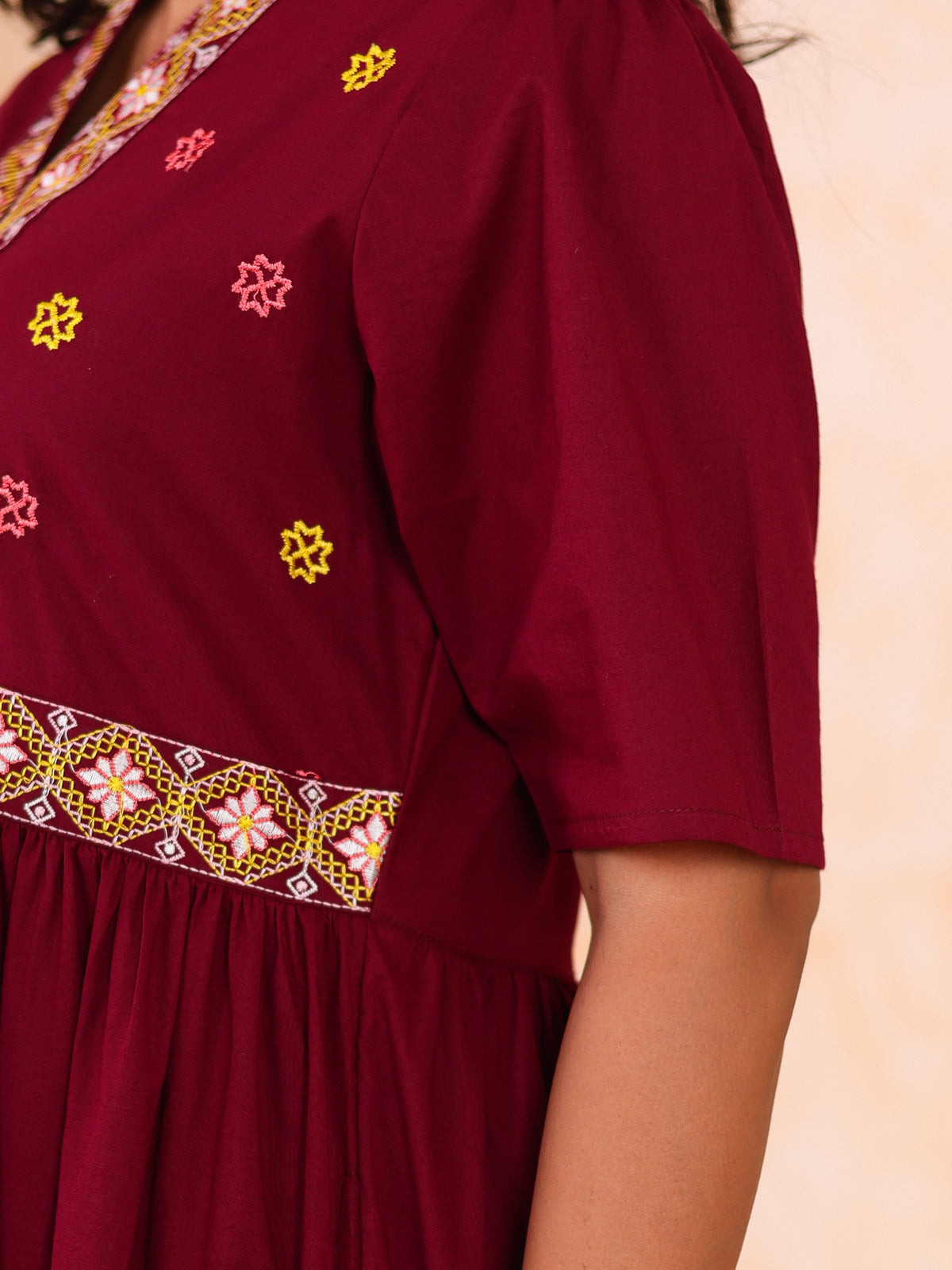 Embroidered Soft cotton Solid Anarkali Maroon Dress