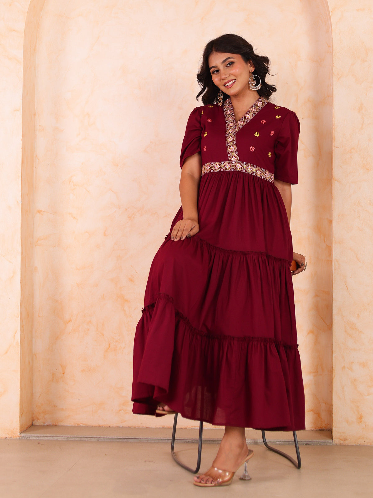 Embroidered Soft cotton Solid Anarkali Maroon Dress