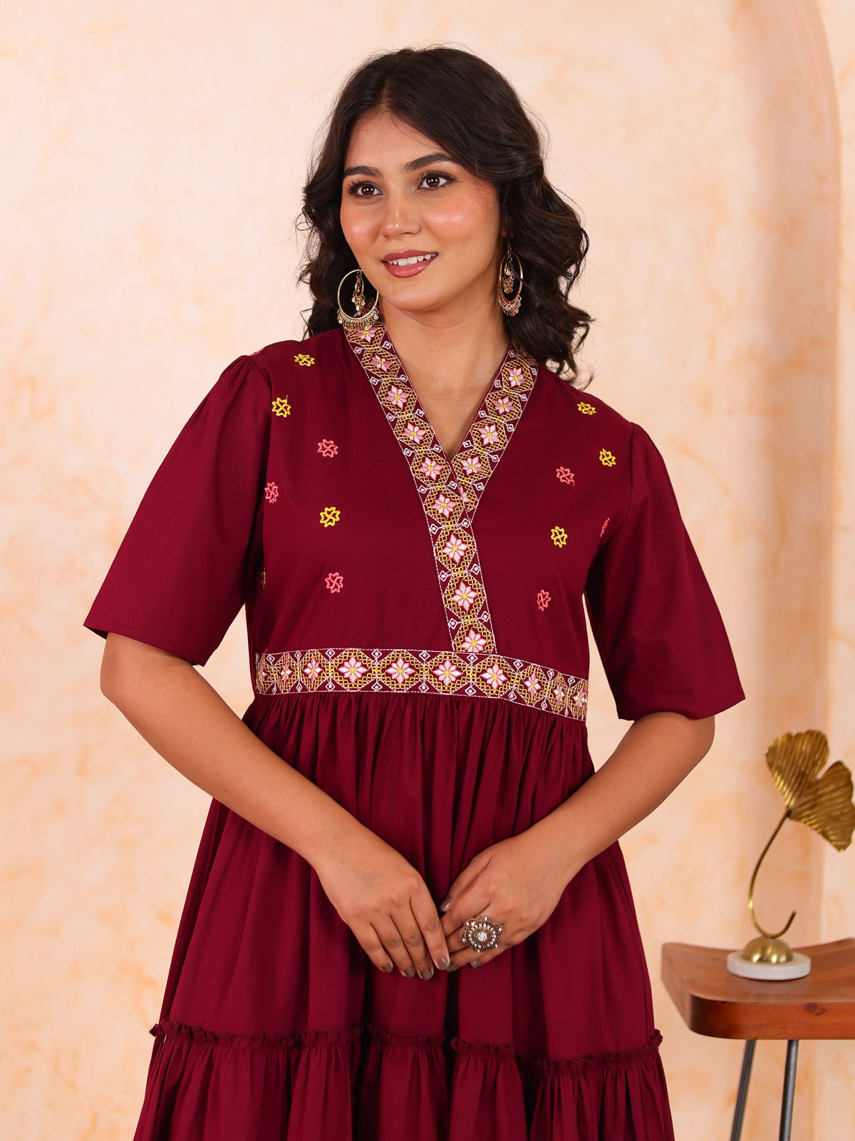 Embroidered Soft cotton Solid Anarkali Maroon Dress
