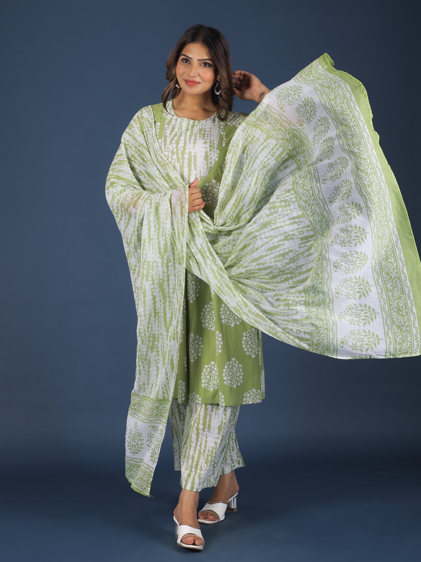 Soft Cotton Floral A-line Green Kurta