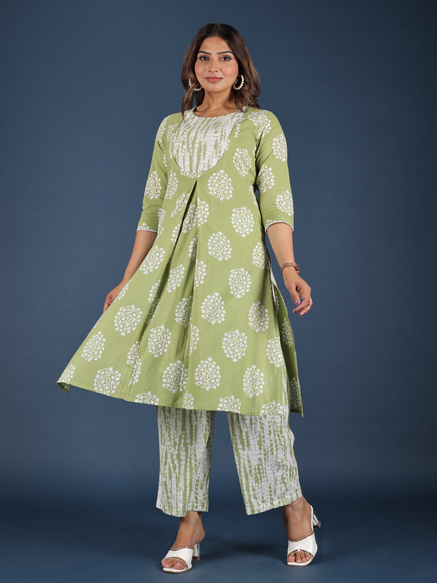 Soft Cotton Floral A-line Green Kurta