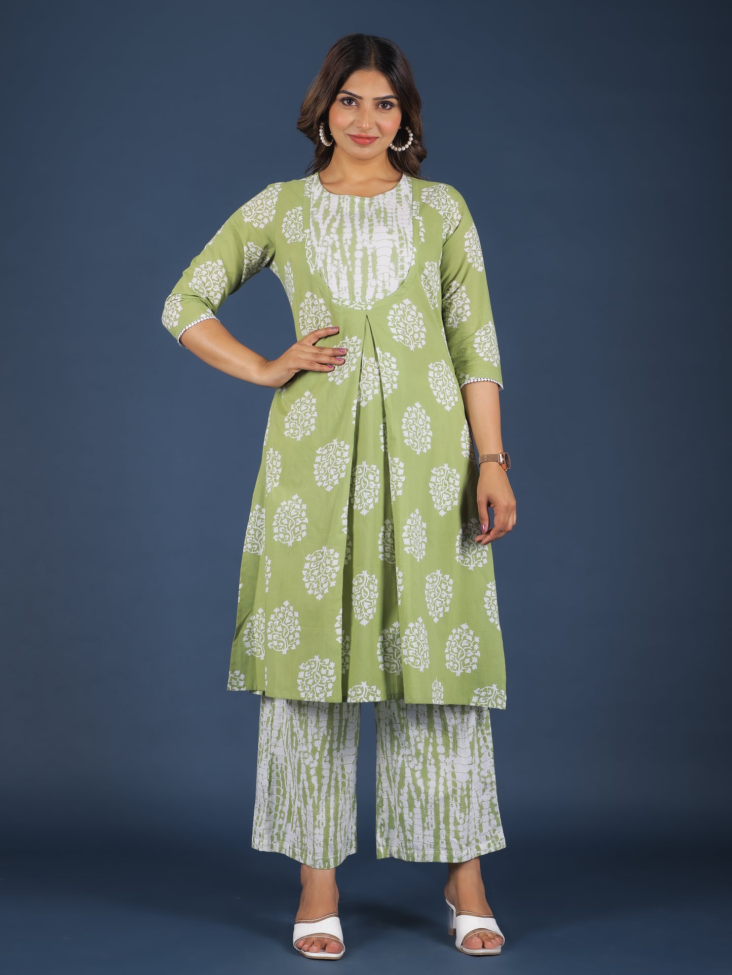 Soft Cotton Floral A-line Green Kurta