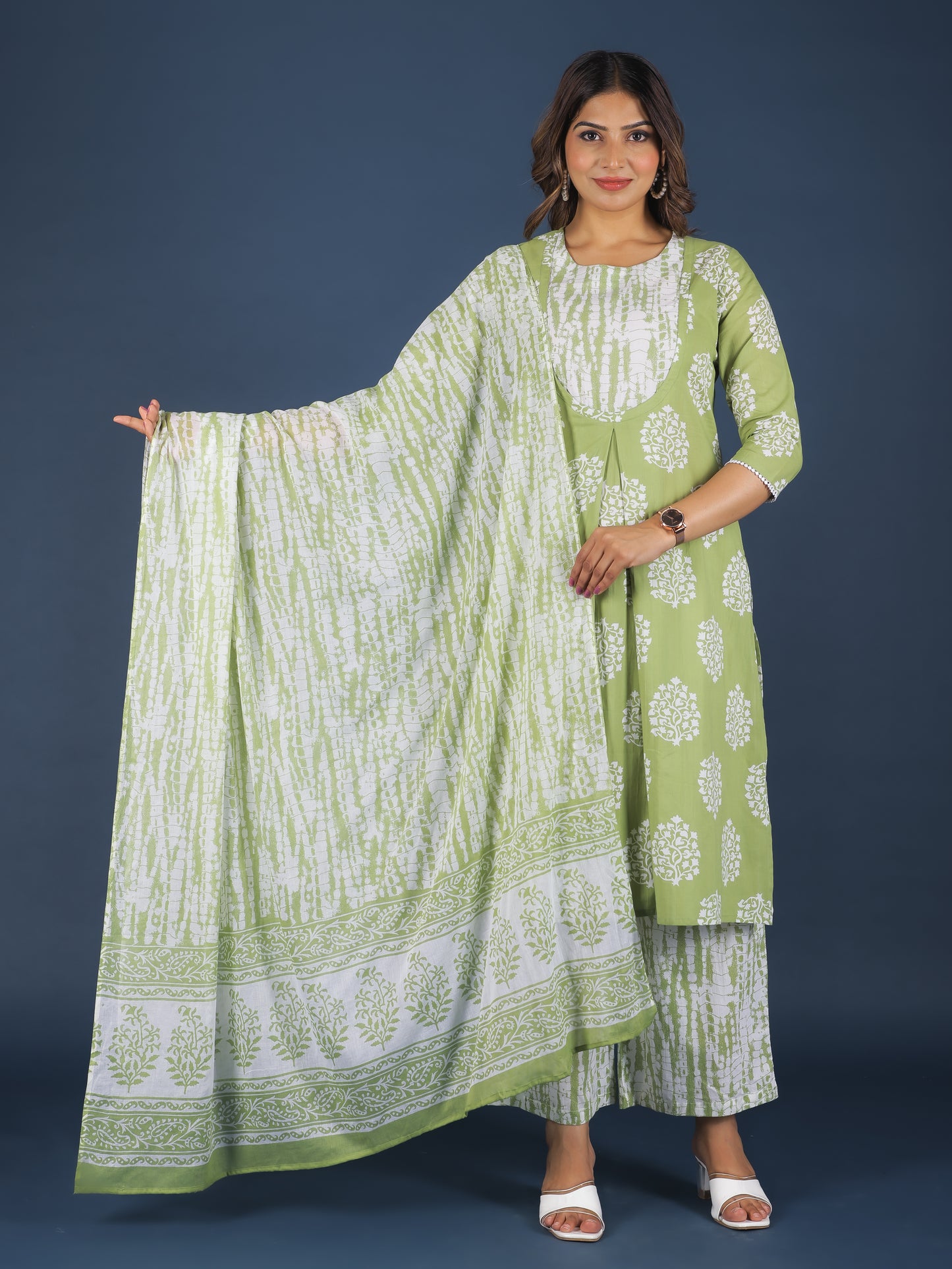 Soft Cotton Floral A-line Green Kurta