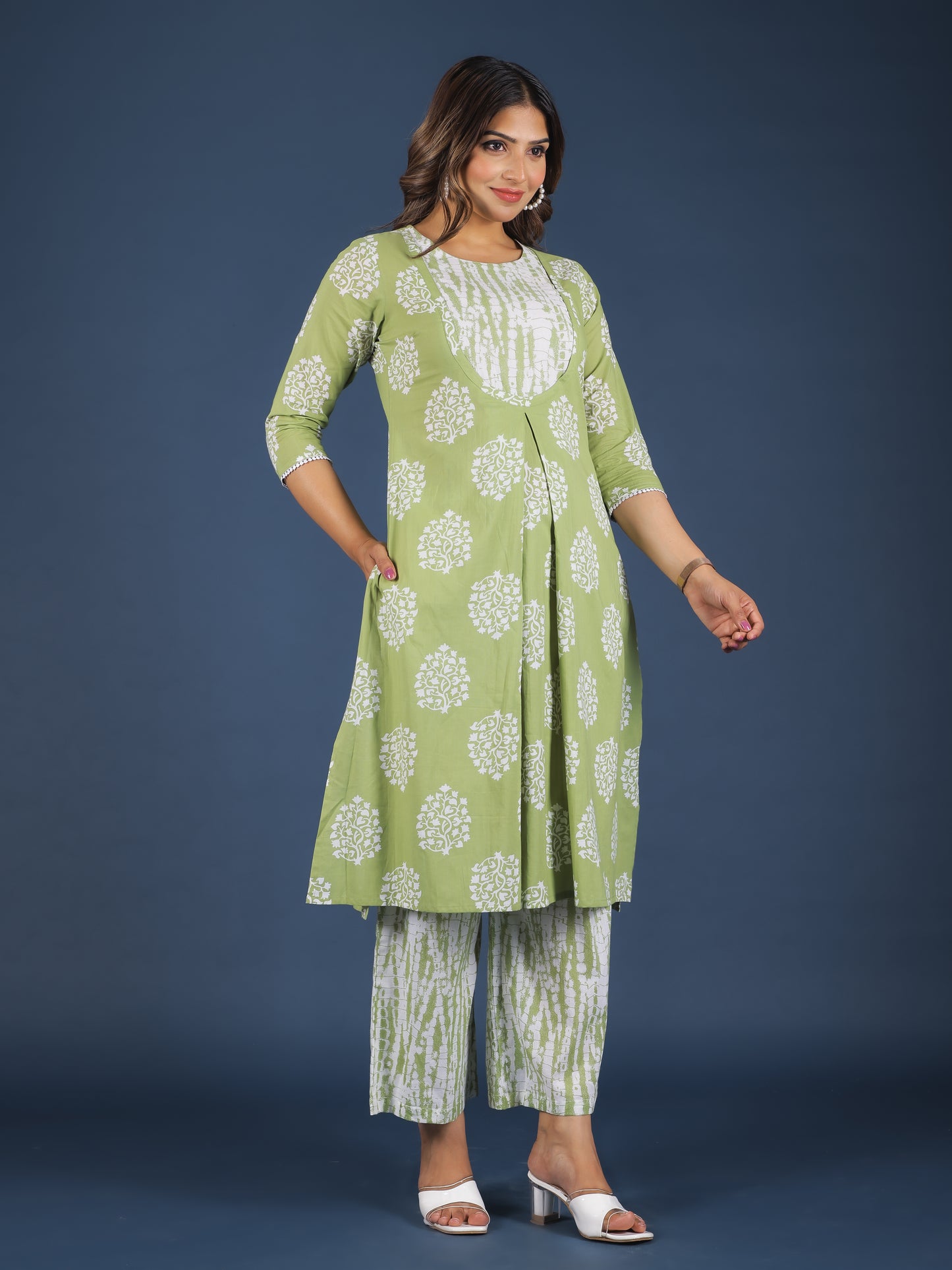 Soft Cotton Floral A-line Green Kurta