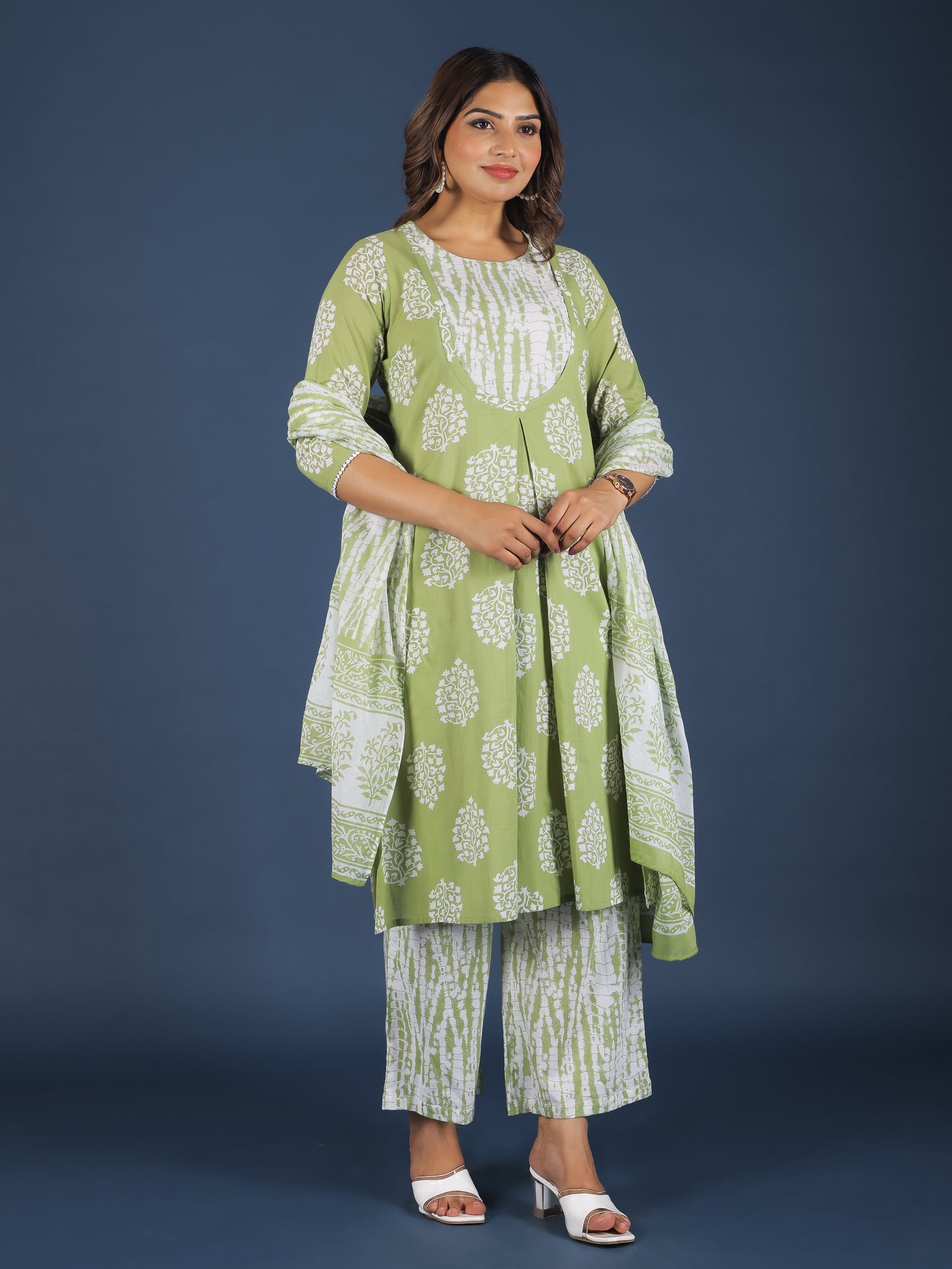 Soft Cotton Floral A-line Green Kurta