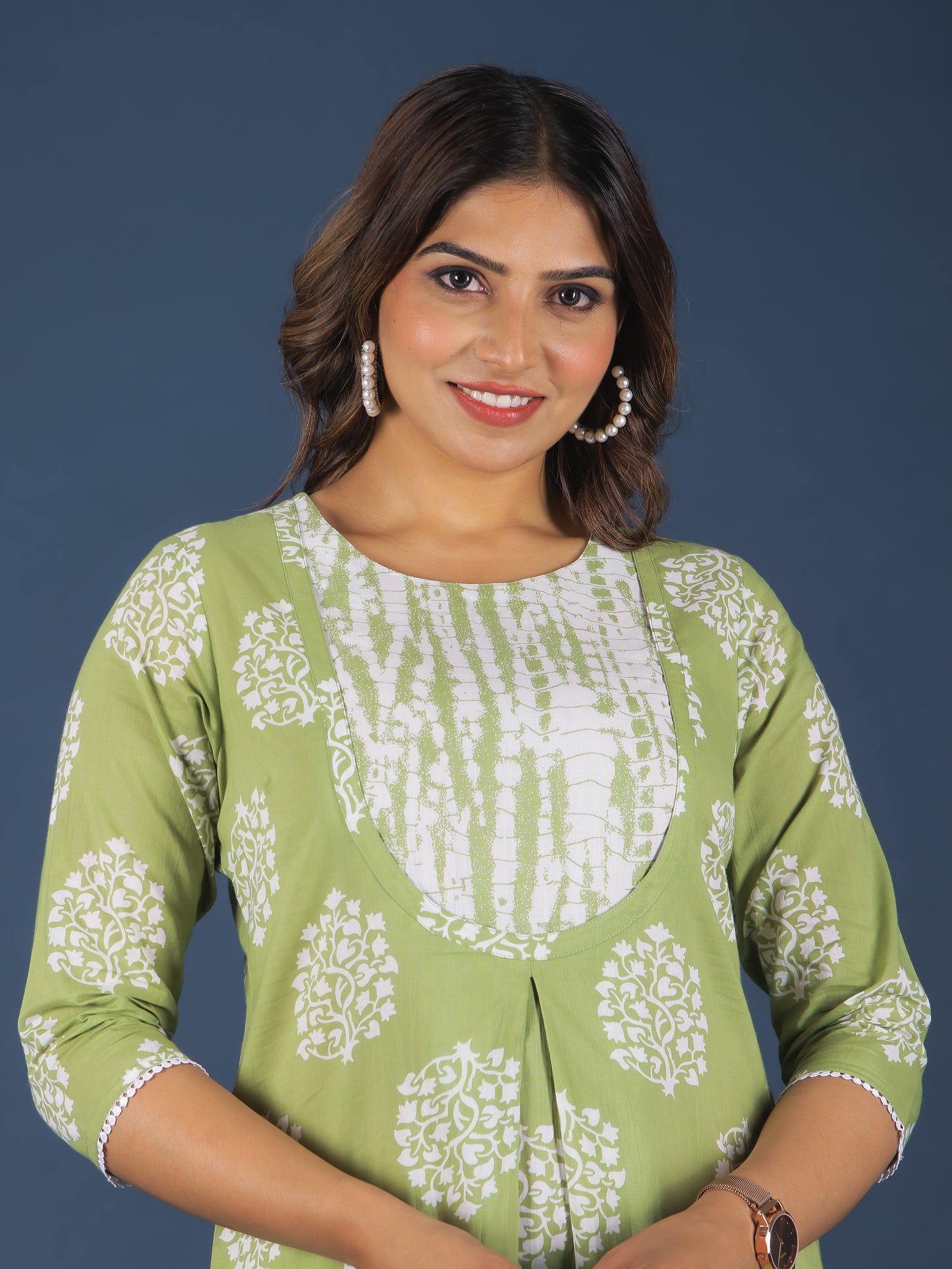 Soft Cotton Floral A-line Green Kurta