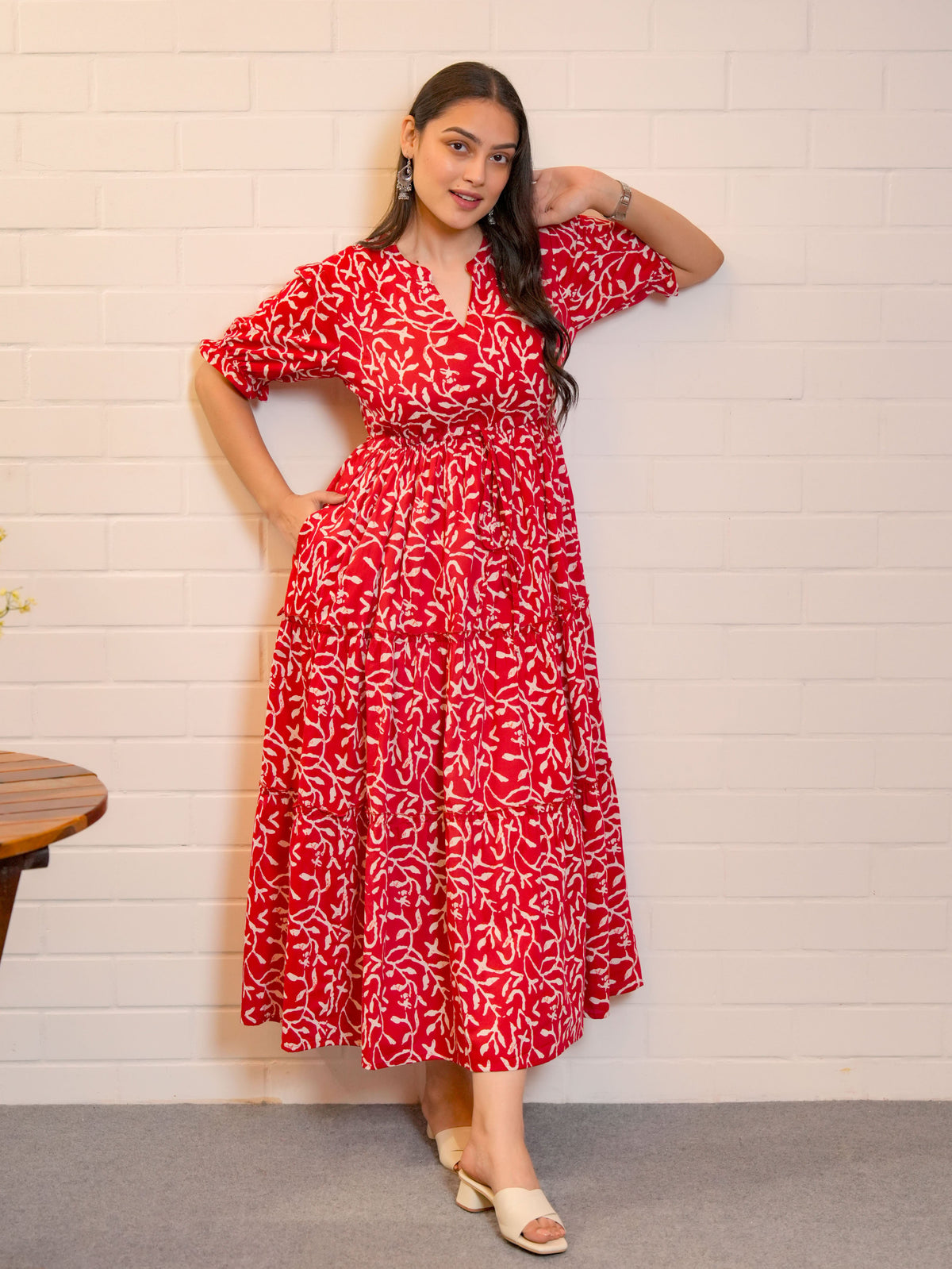 Soft Cotton Floral Anarkali Red Dress