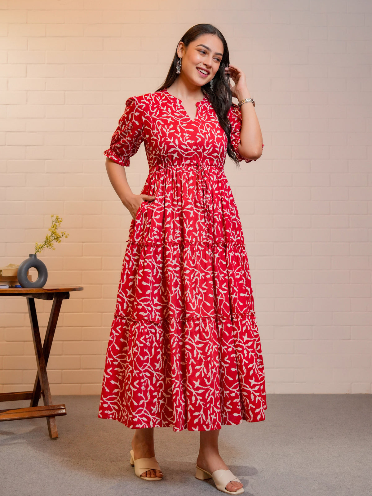Soft Cotton Floral Anarkali Red Dress