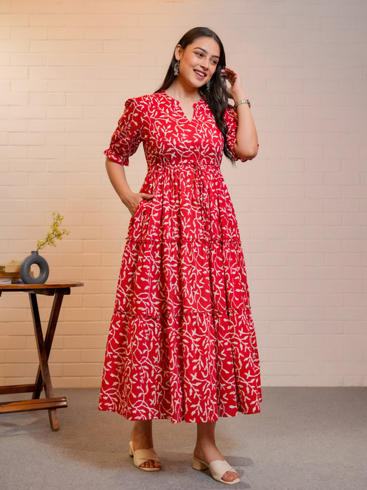 Soft Cotton Floral Anarkali Red Dress