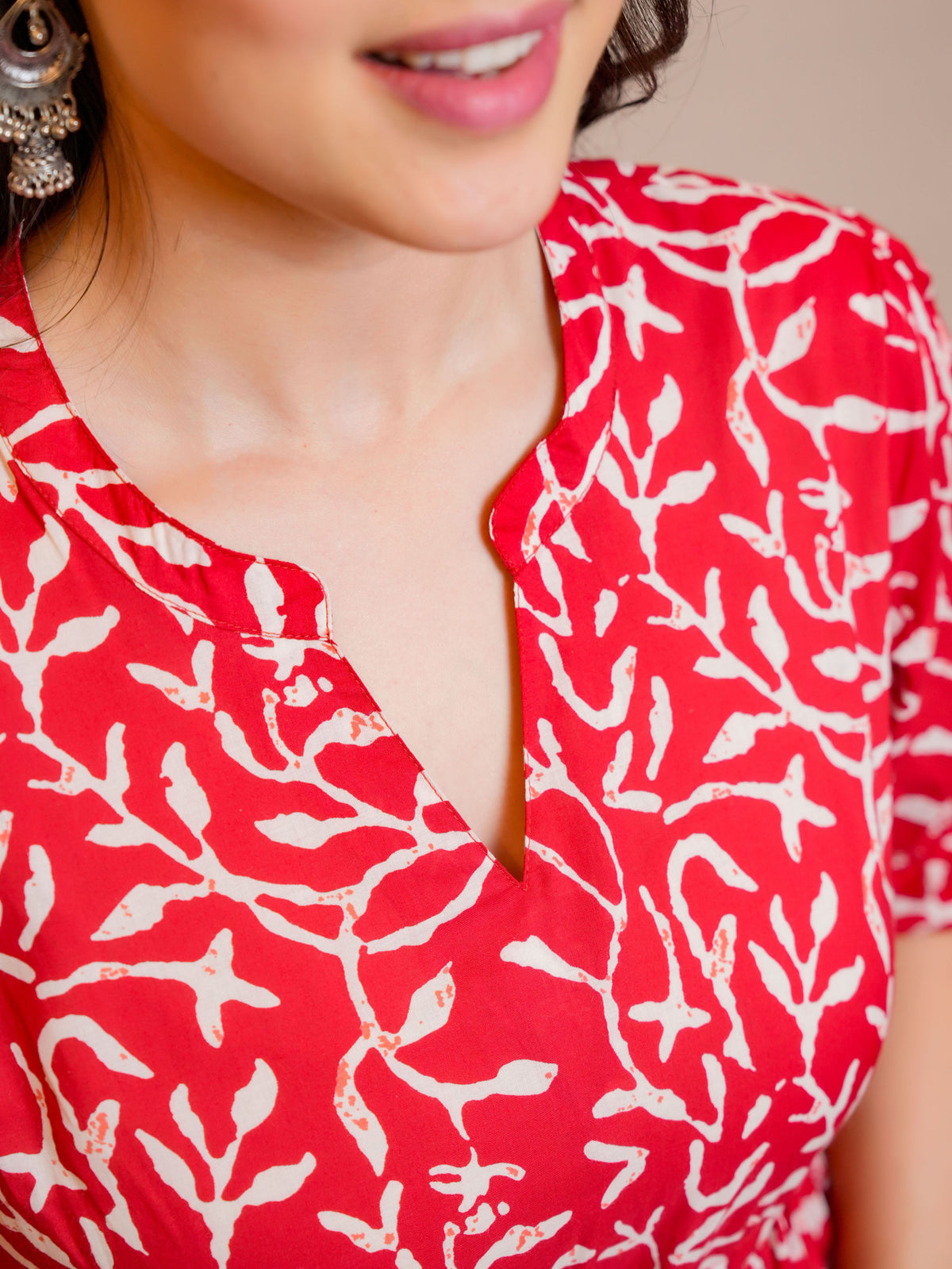Soft Cotton Floral Anarkali Red Dress