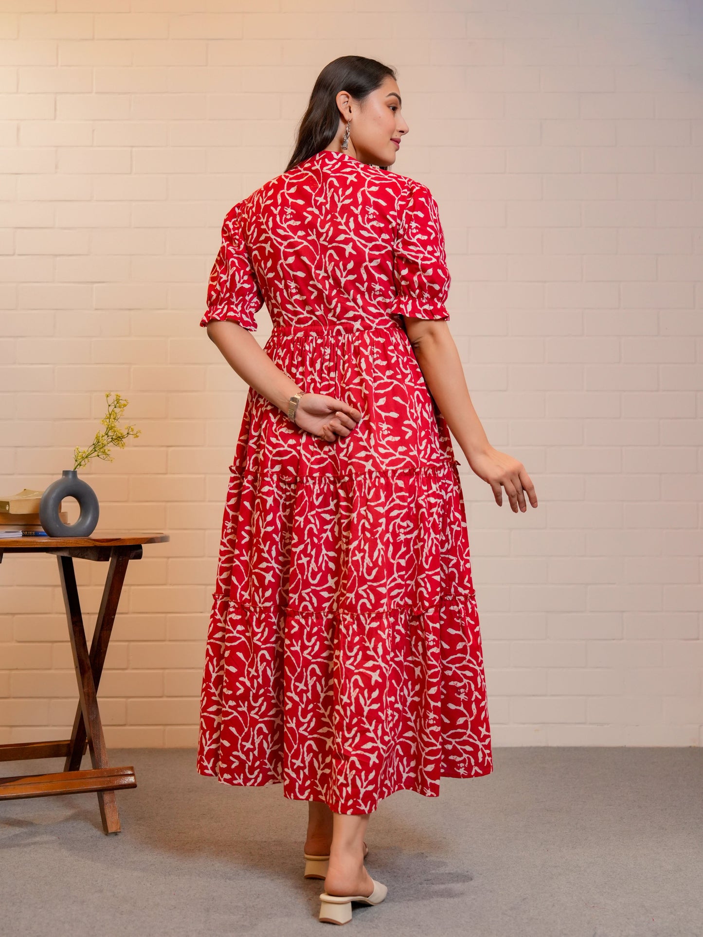 Soft Cotton Floral Anarkali Red Dress