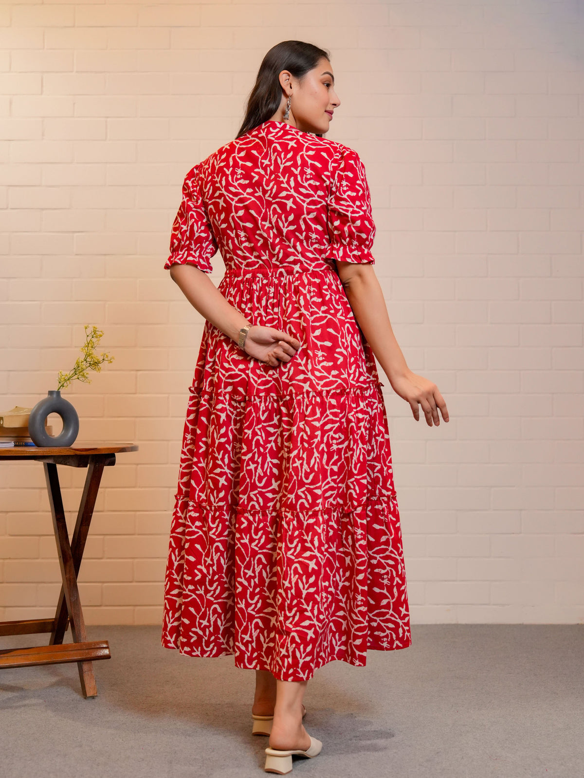 Soft Cotton Floral Anarkali Red Dress