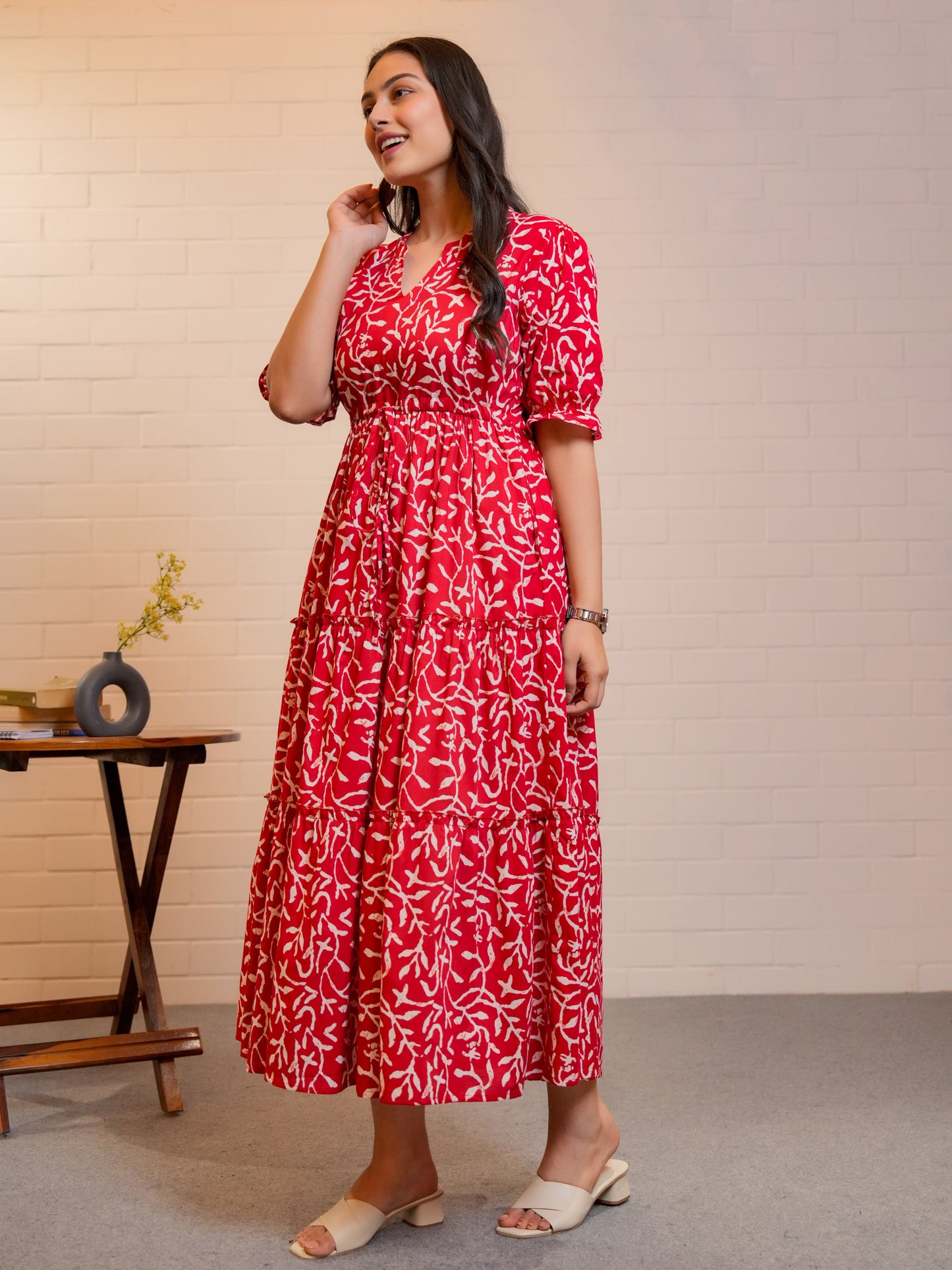 Soft Cotton Floral Anarkali Red Dress