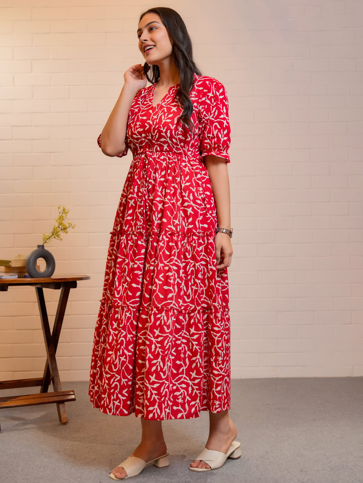Soft Cotton Floral Anarkali Red Dress
