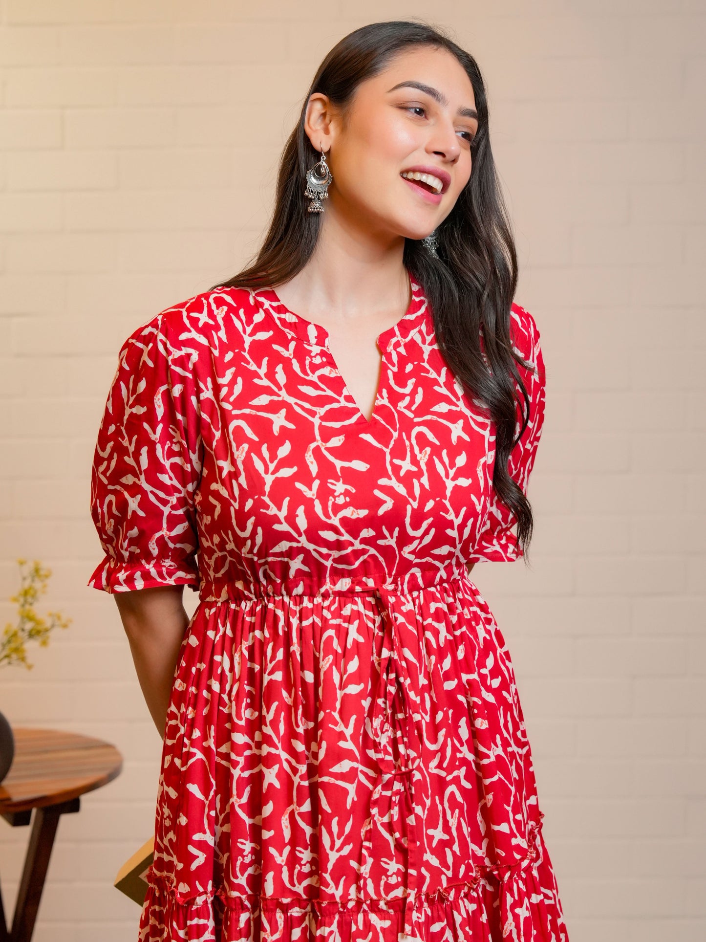 Soft Cotton Floral Anarkali Red Dress