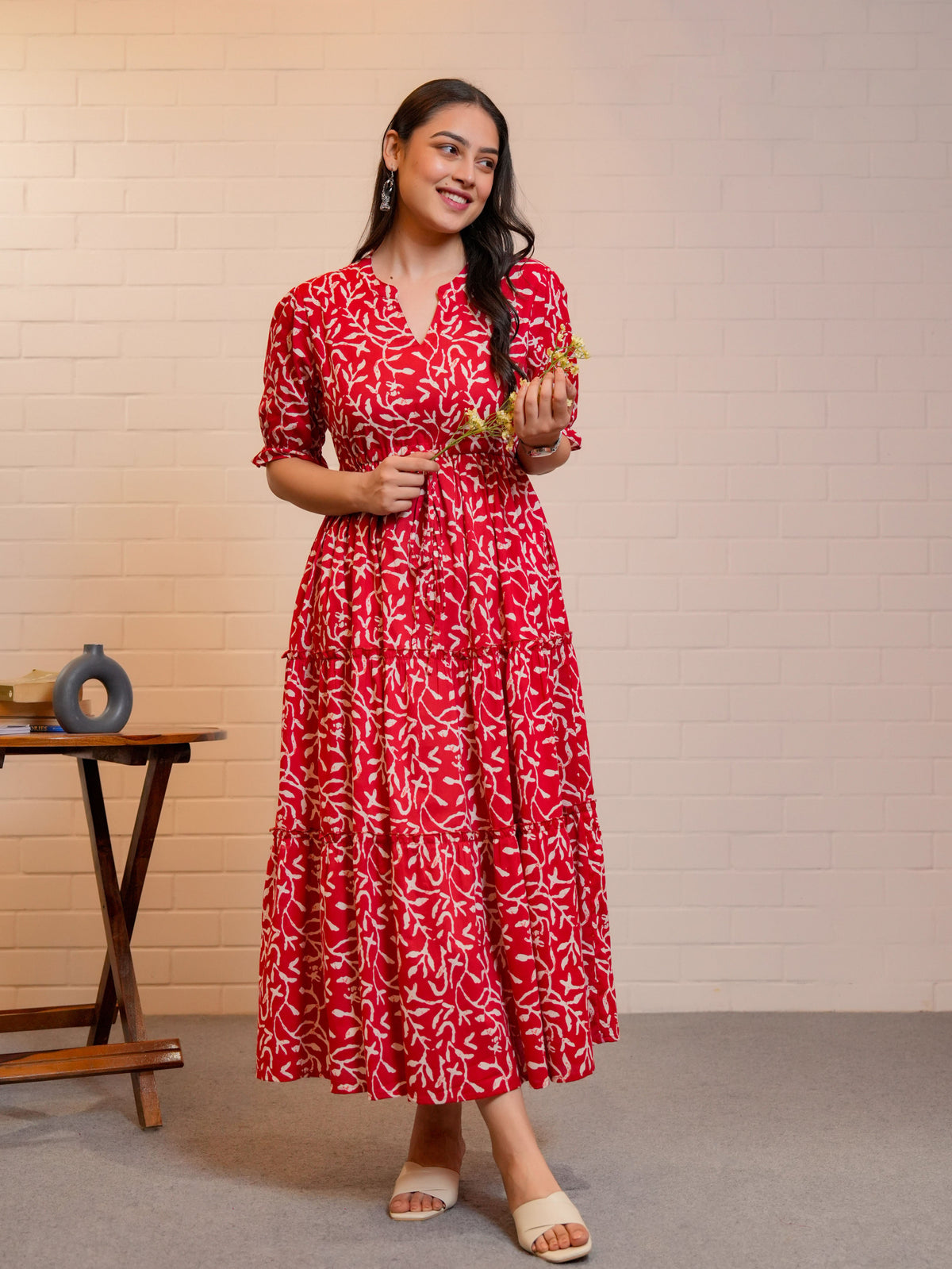 Soft Cotton Floral Anarkali Red Dress