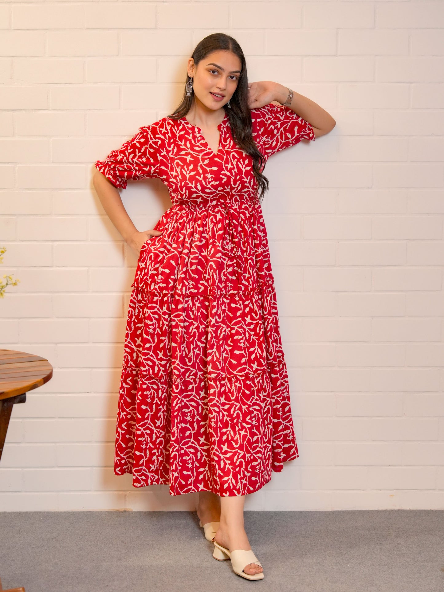 Soft Cotton Floral Anarkali Red Dress