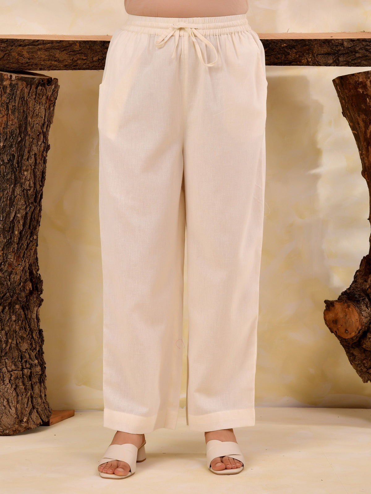 Linen cotton Solid Off White Straight Trousers
