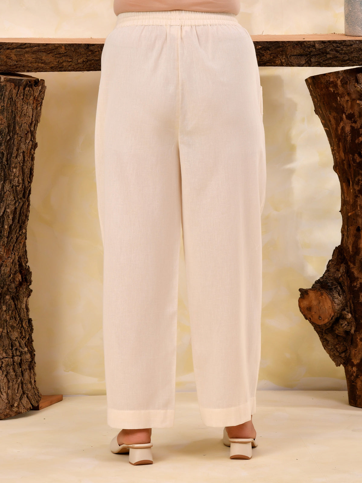 Linen cotton Solid Off White Straight Trousers