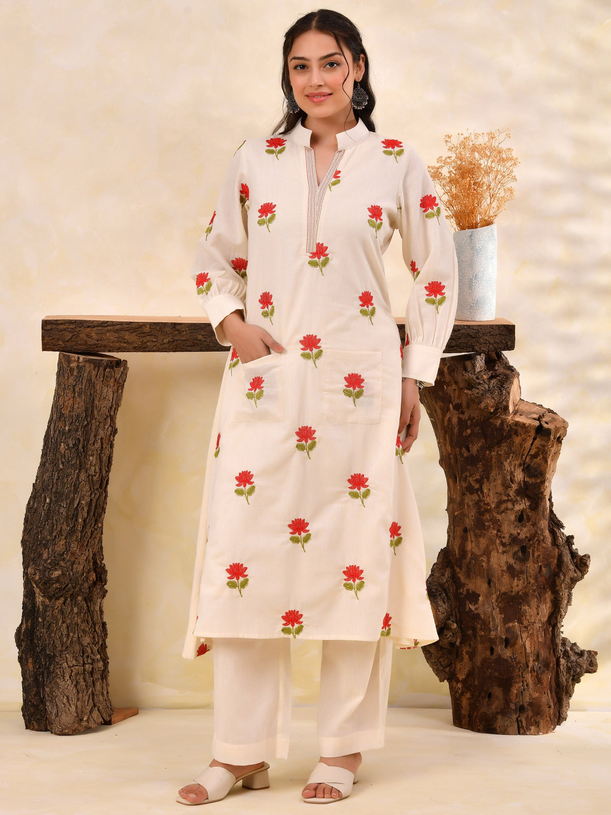 Embroidered Linen cotton Solid A-line Off White Kurta