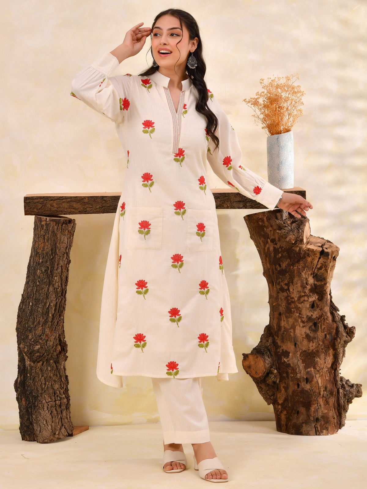 Embroidered Linen cotton Solid A-line Off White Kurta