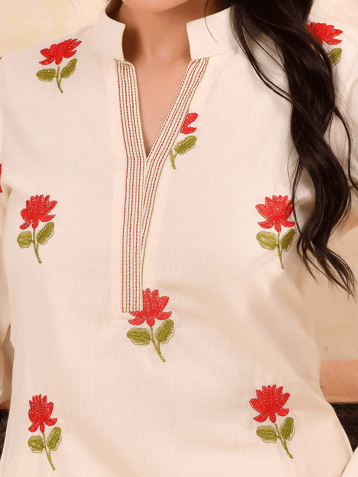 Embroidered Linen cotton Solid A-line Off White Kurta